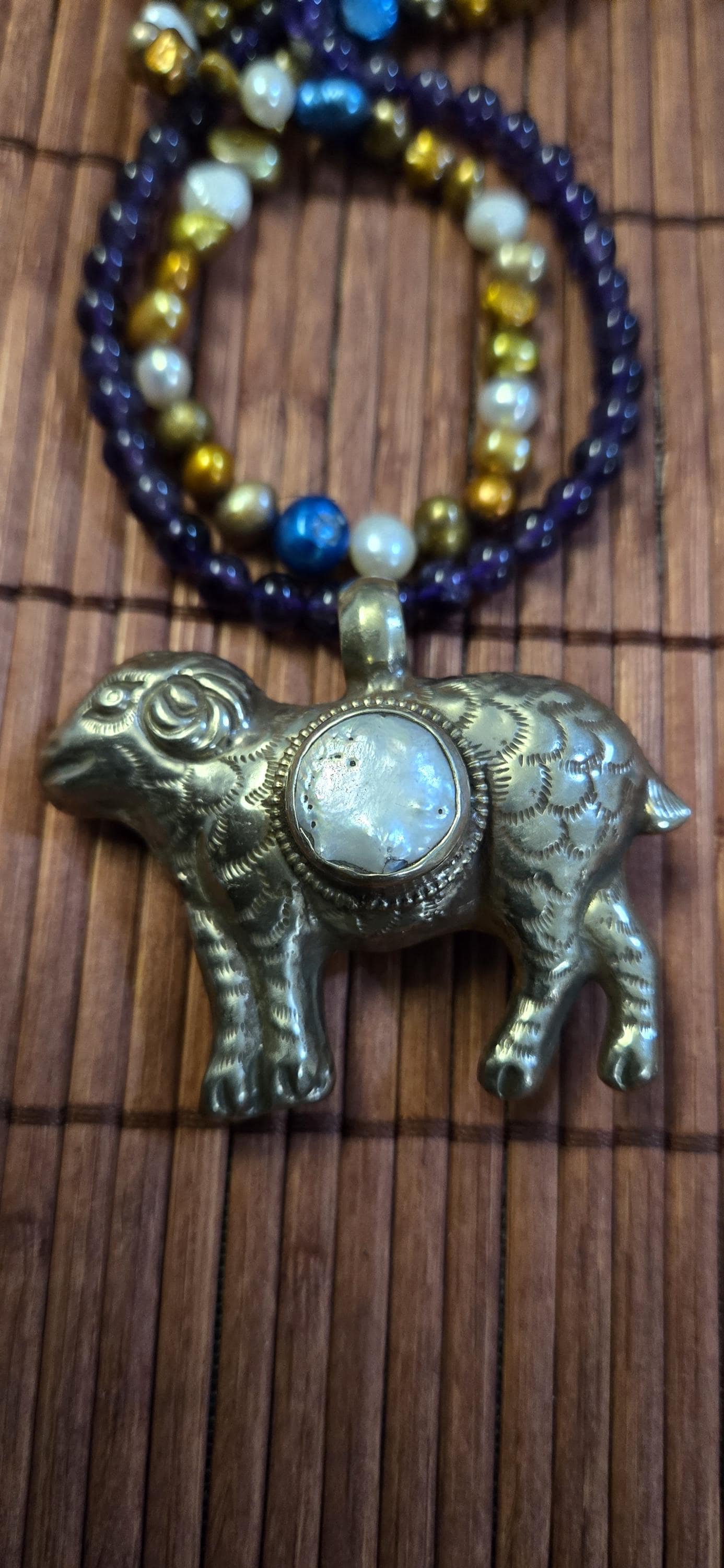 Tibetan Sheep Pendant with white Pearl Inlay | Repousse Animal Theme Jewelry | Ethnic Nepal Pendant PM438Q