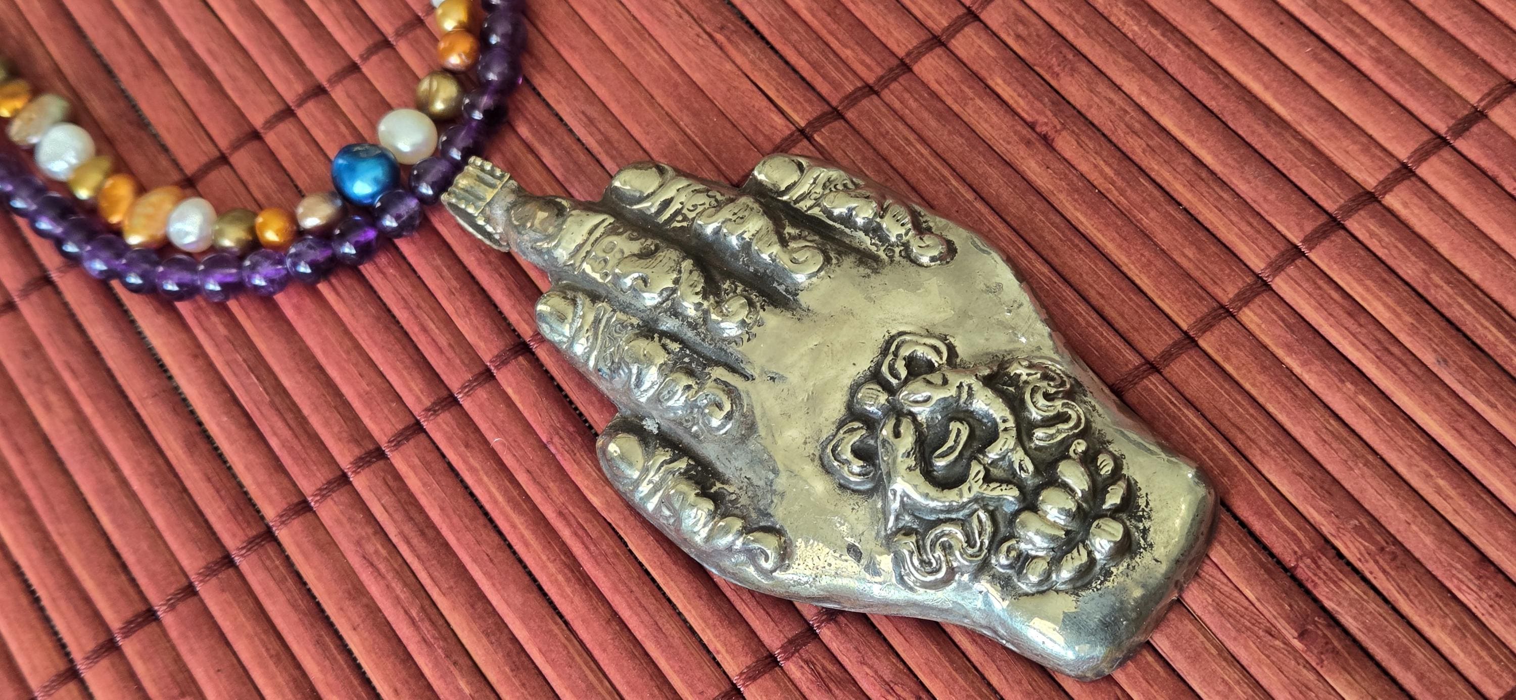 Large bold size Buddha hand pendant with Lotus flower double golden fish motif and reversible side with lapis inlay PM438T