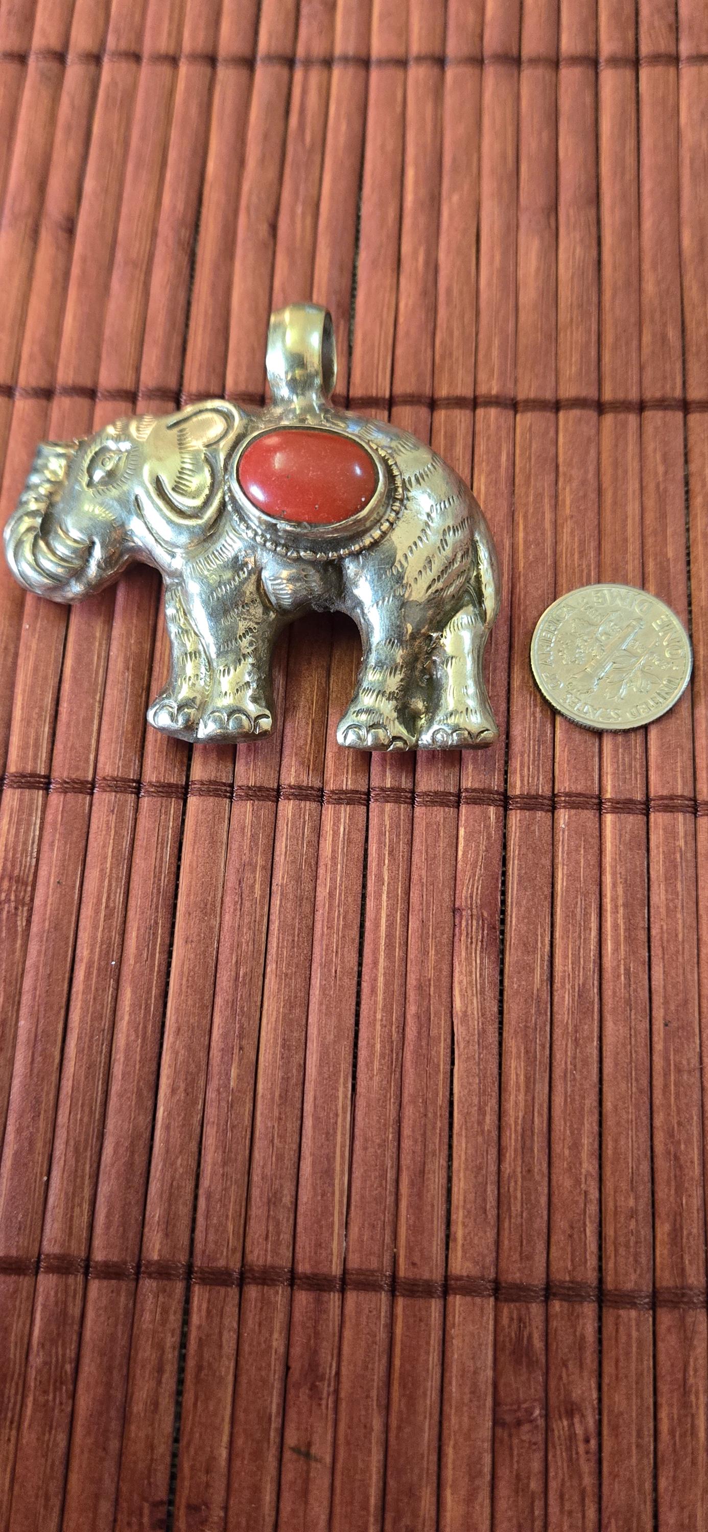 Tibetan Elephant Pendant with red coral inlay | Repousse Jewelry from Nepal | Bold Animal pendant PM438L