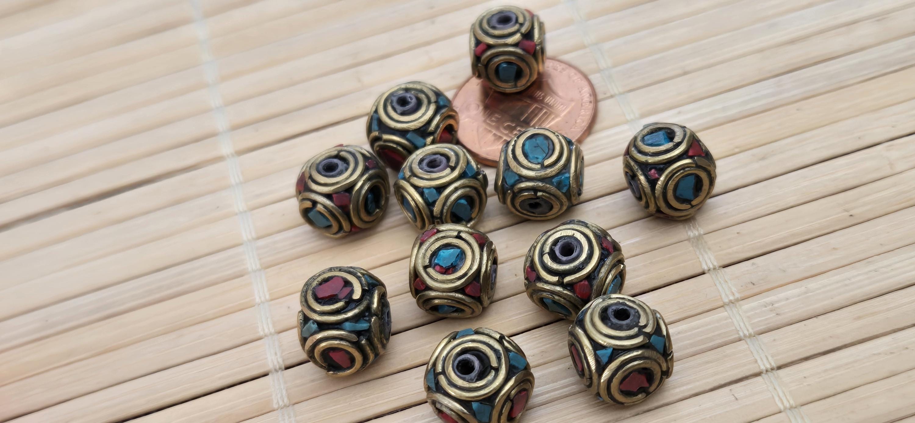 4 beads - Tibetan Oval shape nepal brass beads with turquoise coral inlay - BD797A