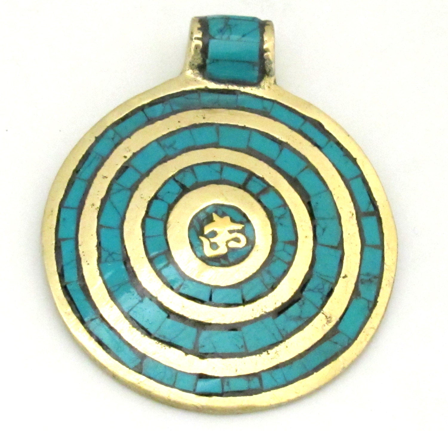 Tibetan Nepal Om mantra brass pendant with circles pattern turquoise inlaid - PM273B