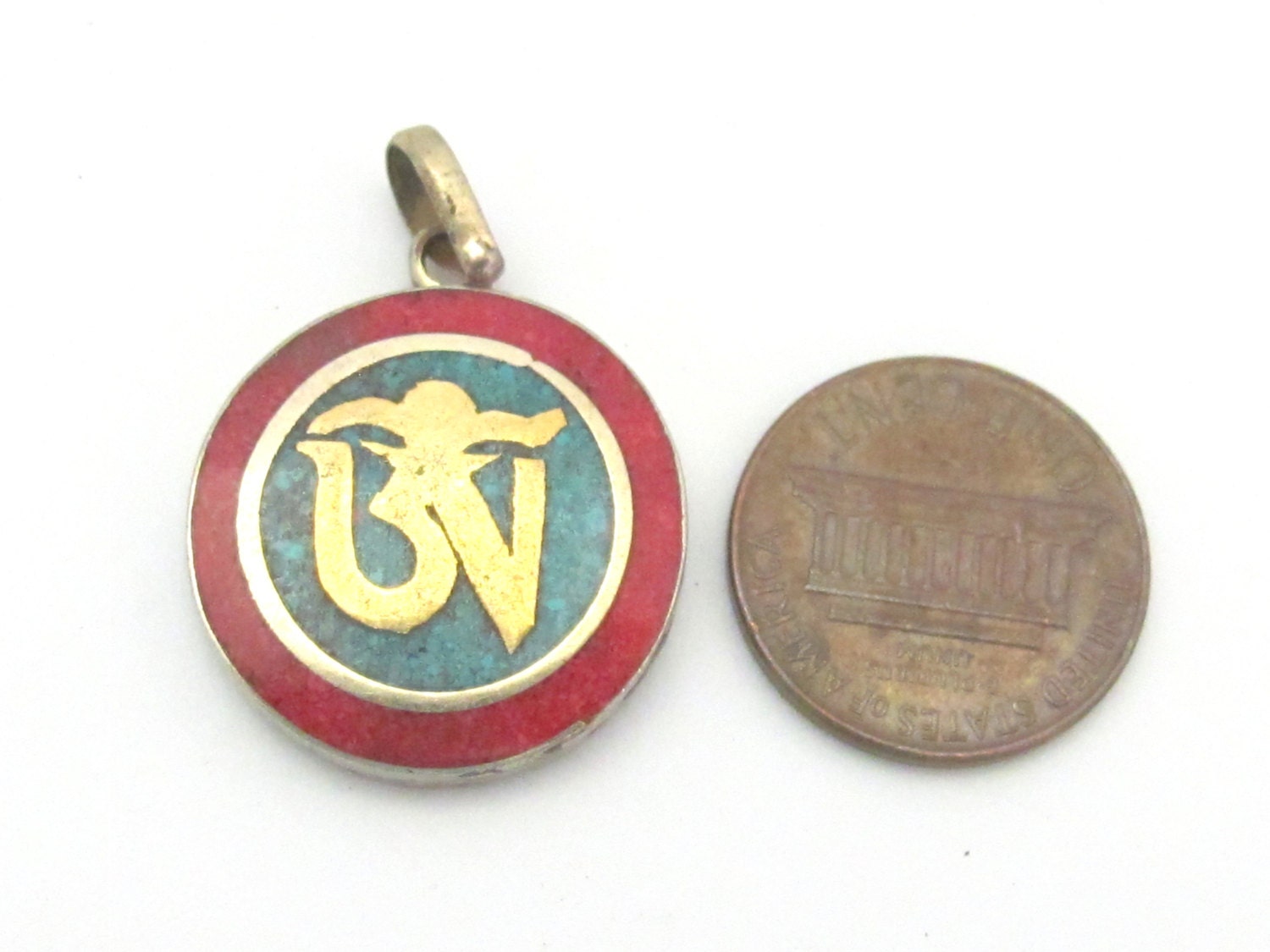 Small size Tibetan OM mantra pendant with turquoise coral inlay - PM276A