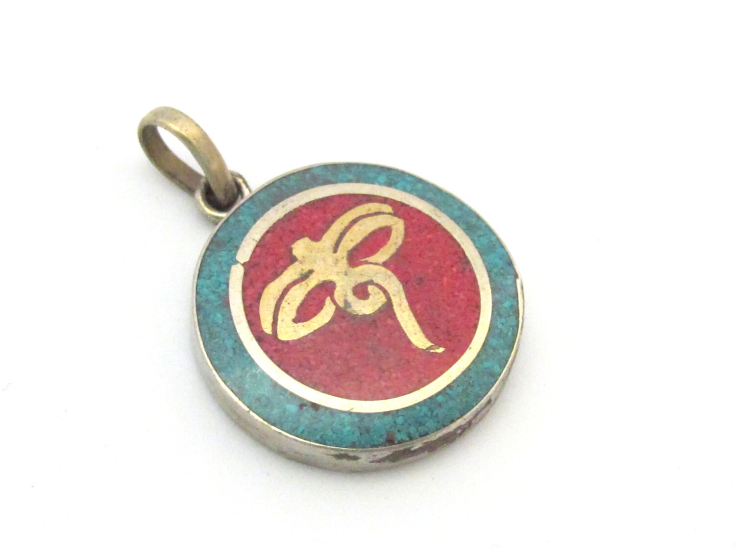 Small size Tibetan Buddha eyes pendant with turquoise coral inlay - PM276G
