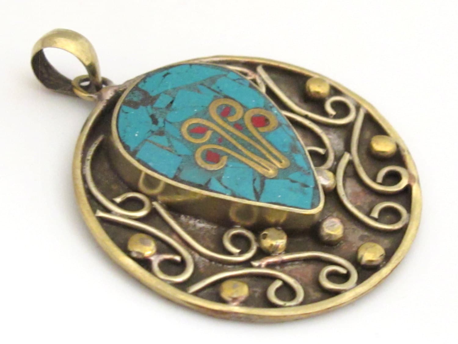 Tibetan round brass filigree turquoise pendant with flower design - PM282