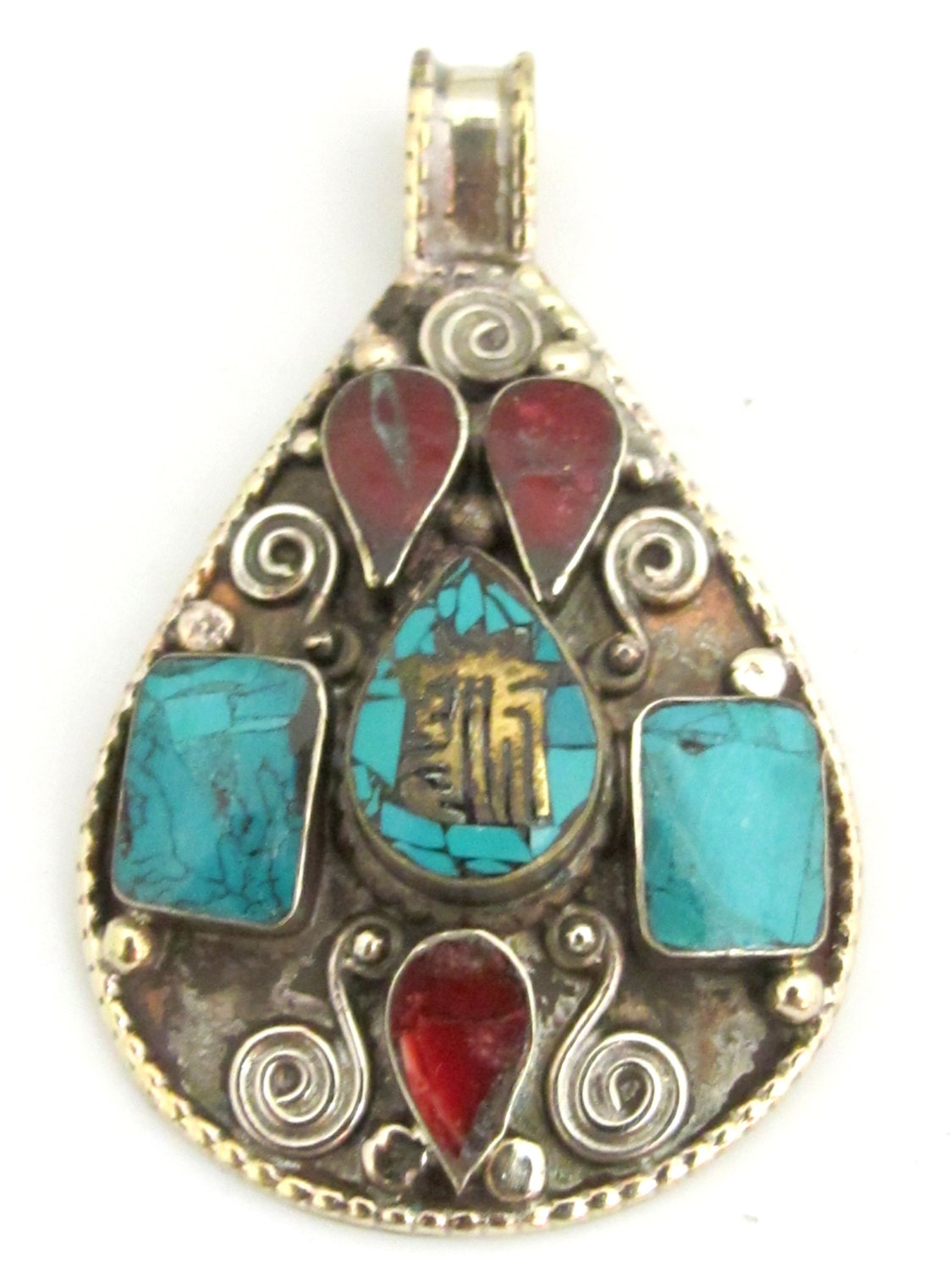 Large Teardrop shape Tibetan Kalachakra mantra pendant with spiral filigree - PM285A