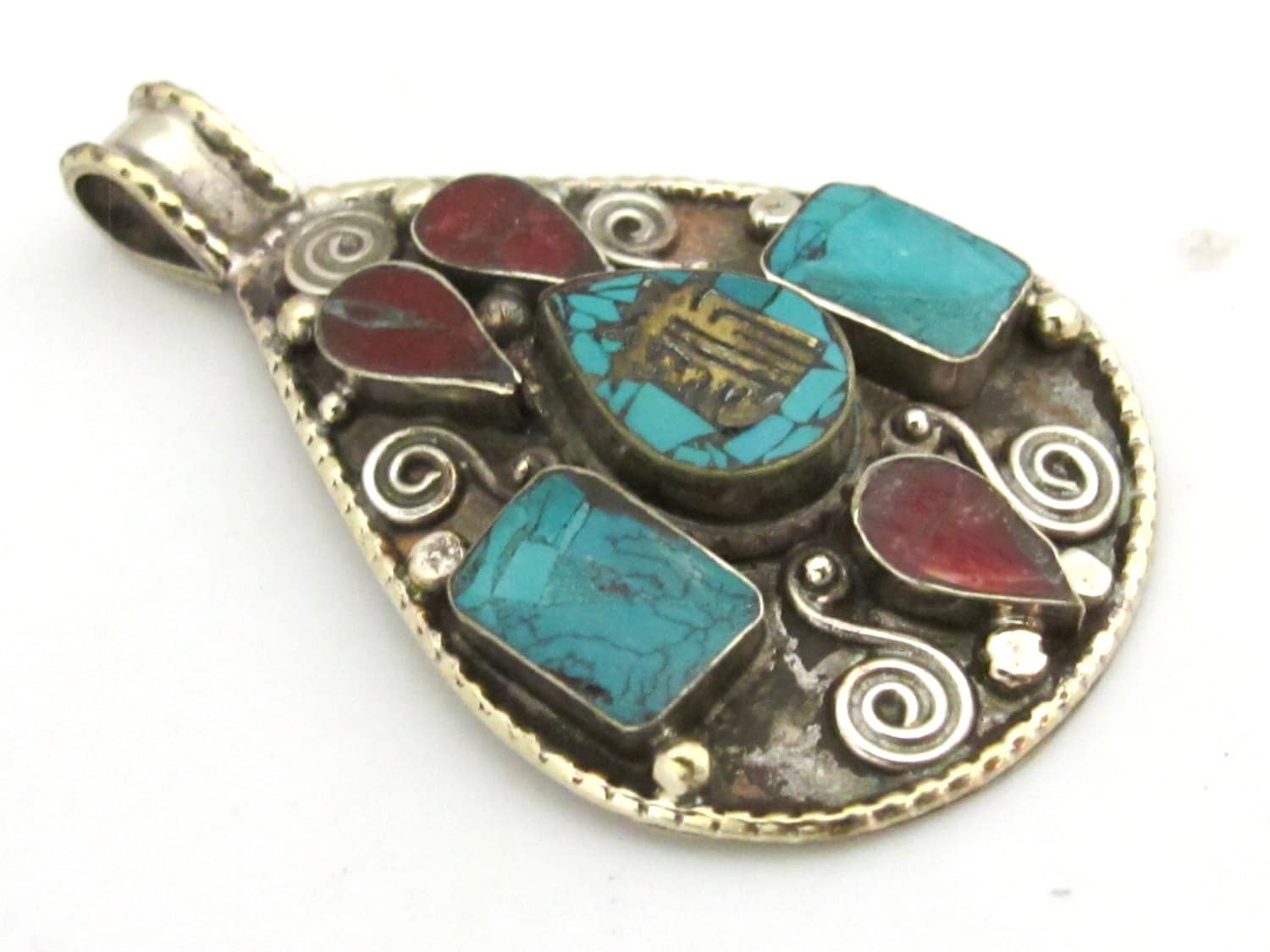 Large Teardrop shape Tibetan Kalachakra mantra pendant with spiral filigree - PM285A