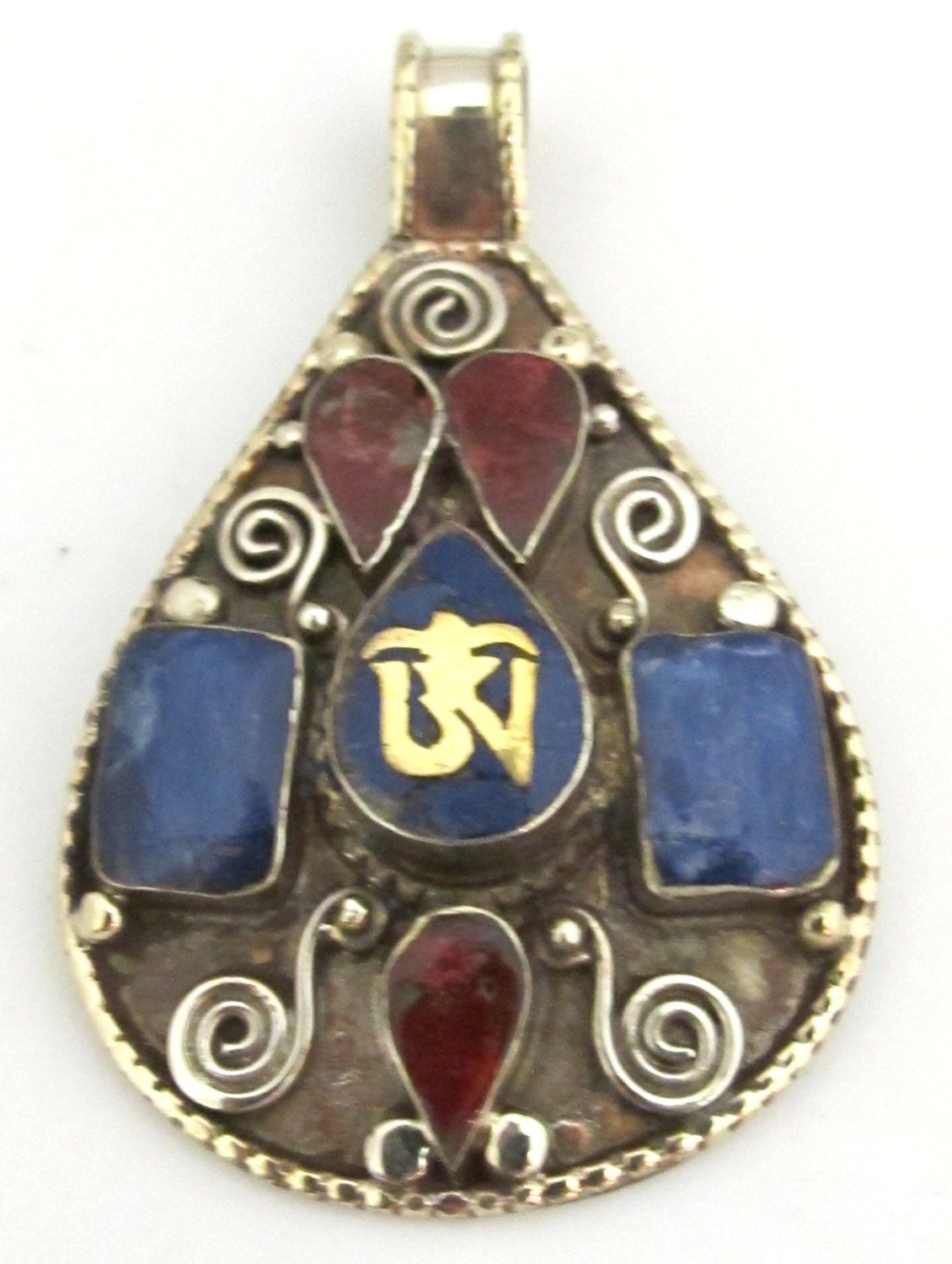 Large Teardrop shape Tibetan Om mantra pendant with spiral filigree lapis coral inlay - PM285B