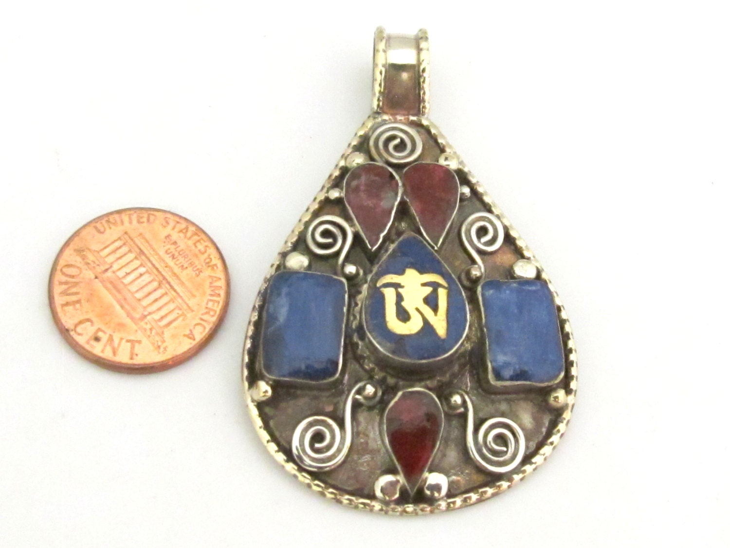 Large Teardrop shape Tibetan Om mantra pendant with spiral filigree lapis coral inlay - PM285B