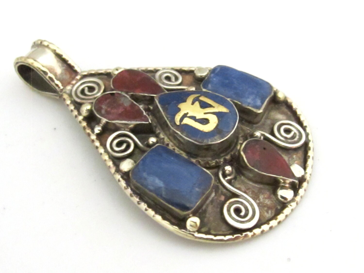 Large Teardrop shape Tibetan Om mantra pendant with spiral filigree lapis coral inlay - PM285B