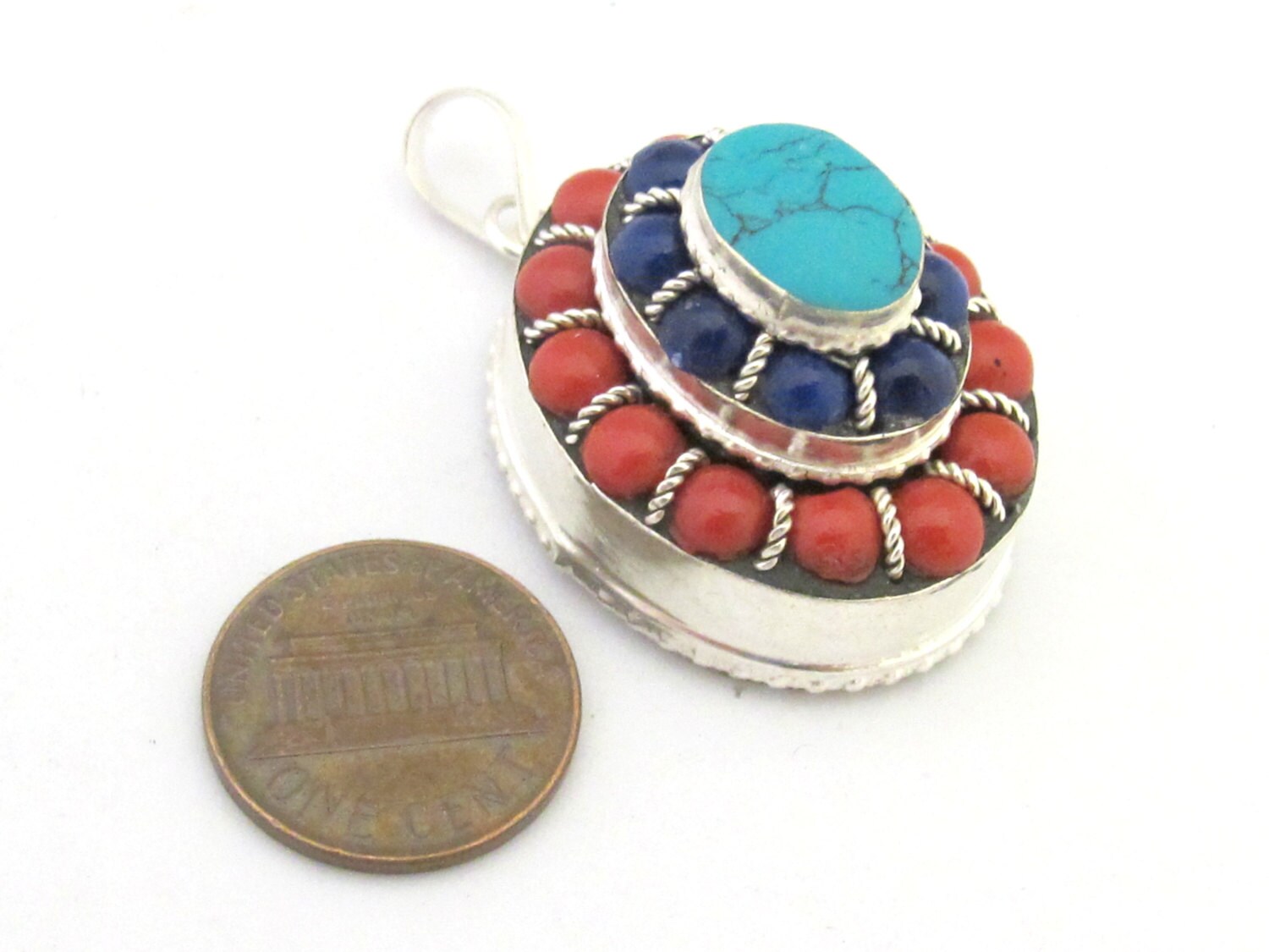 Tibetan silver oval shape tiered design box pendant with turquoise and red blue beads inlay - PM294D