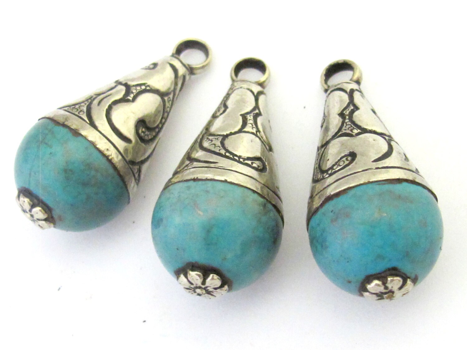 1 Pendant - Tibetan turquoise drop pendant nepal gemstone pendent medium size with silver color floral bail design PM302