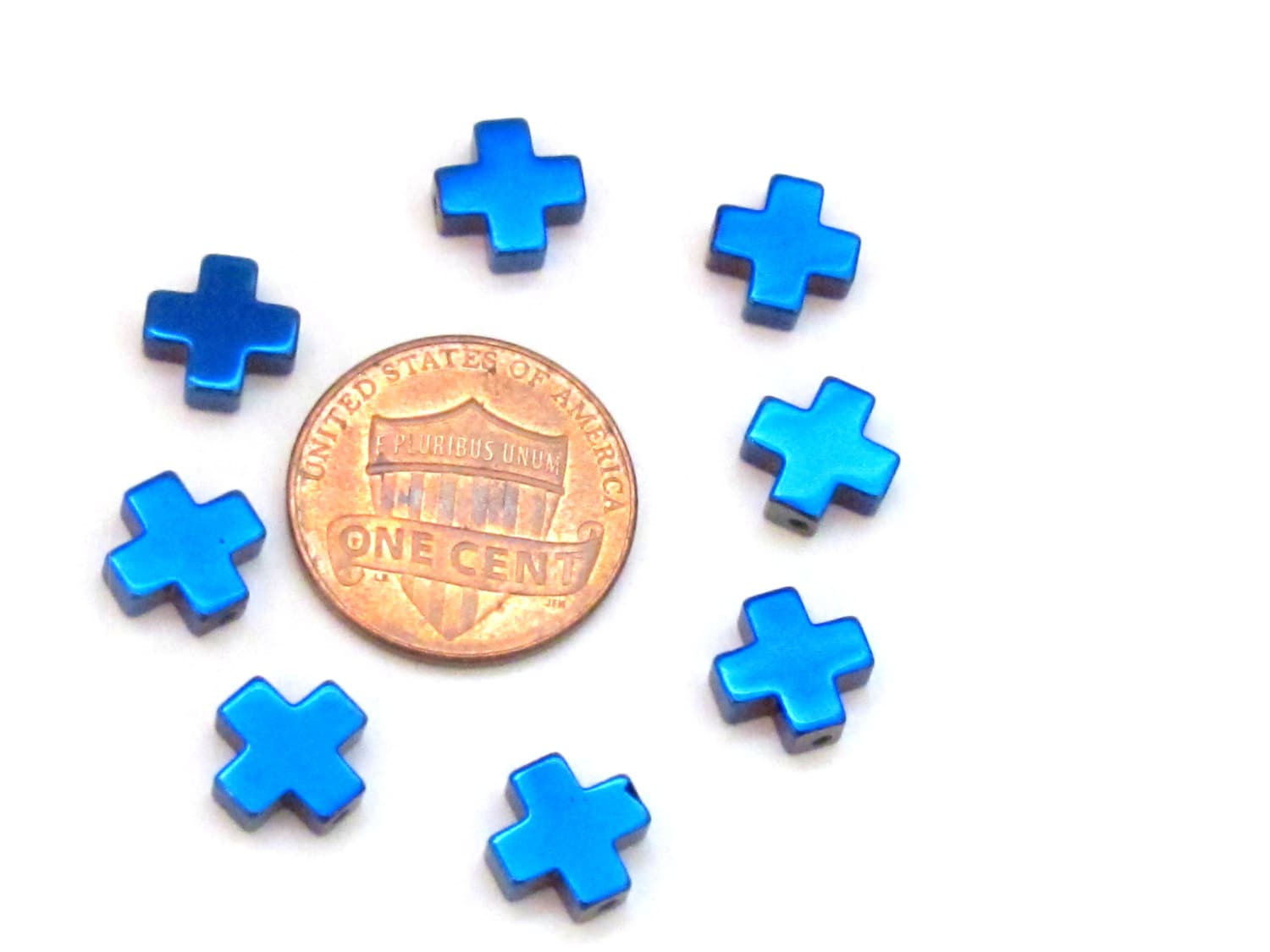 10 Beads - Metallic blue titanium color plated hematite gemstone cross beads 8 mm - GM357