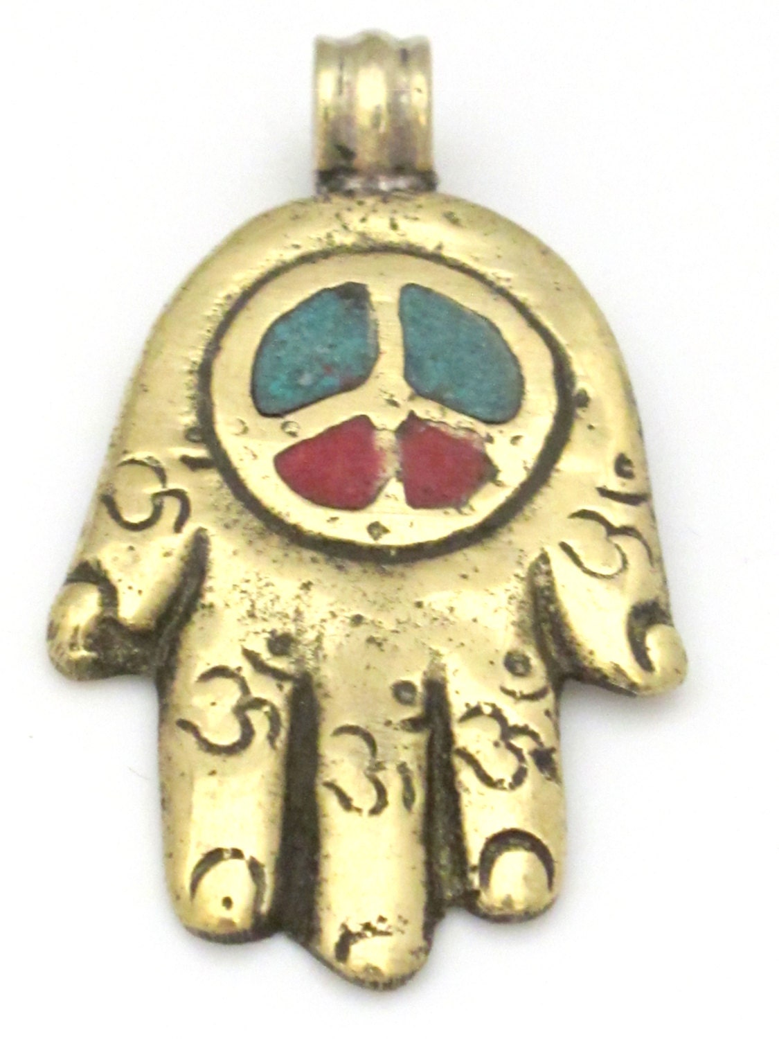 Reversible Tibetan silver Buddha hand Om peace symbol pendant with Lotus floral details - PM331A