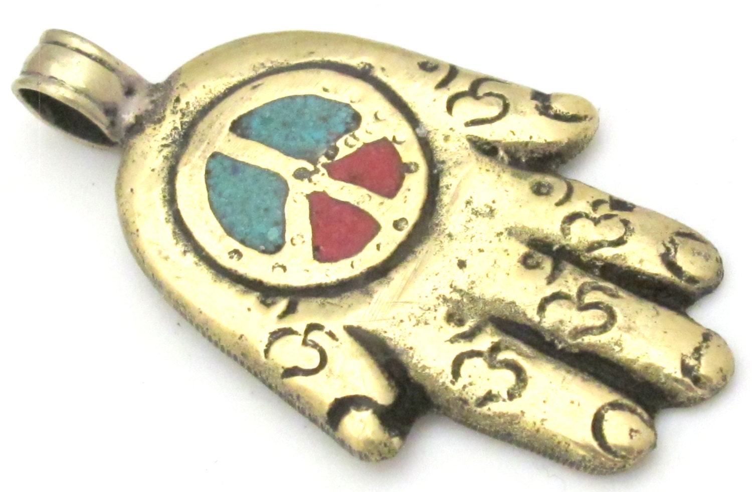 Reversible Tibetan silver Buddha hand Om peace symbol pendant with Lotus floral details - PM331A