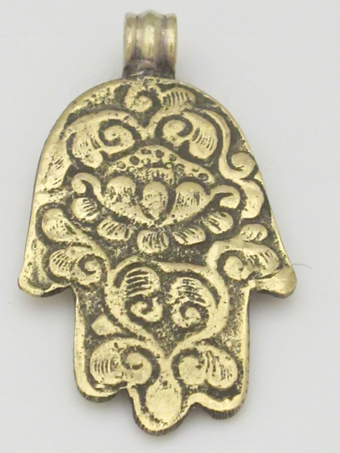 Reversible Tibetan silver Buddha hand Om peace symbol pendant with Lotus floral details - PM331A