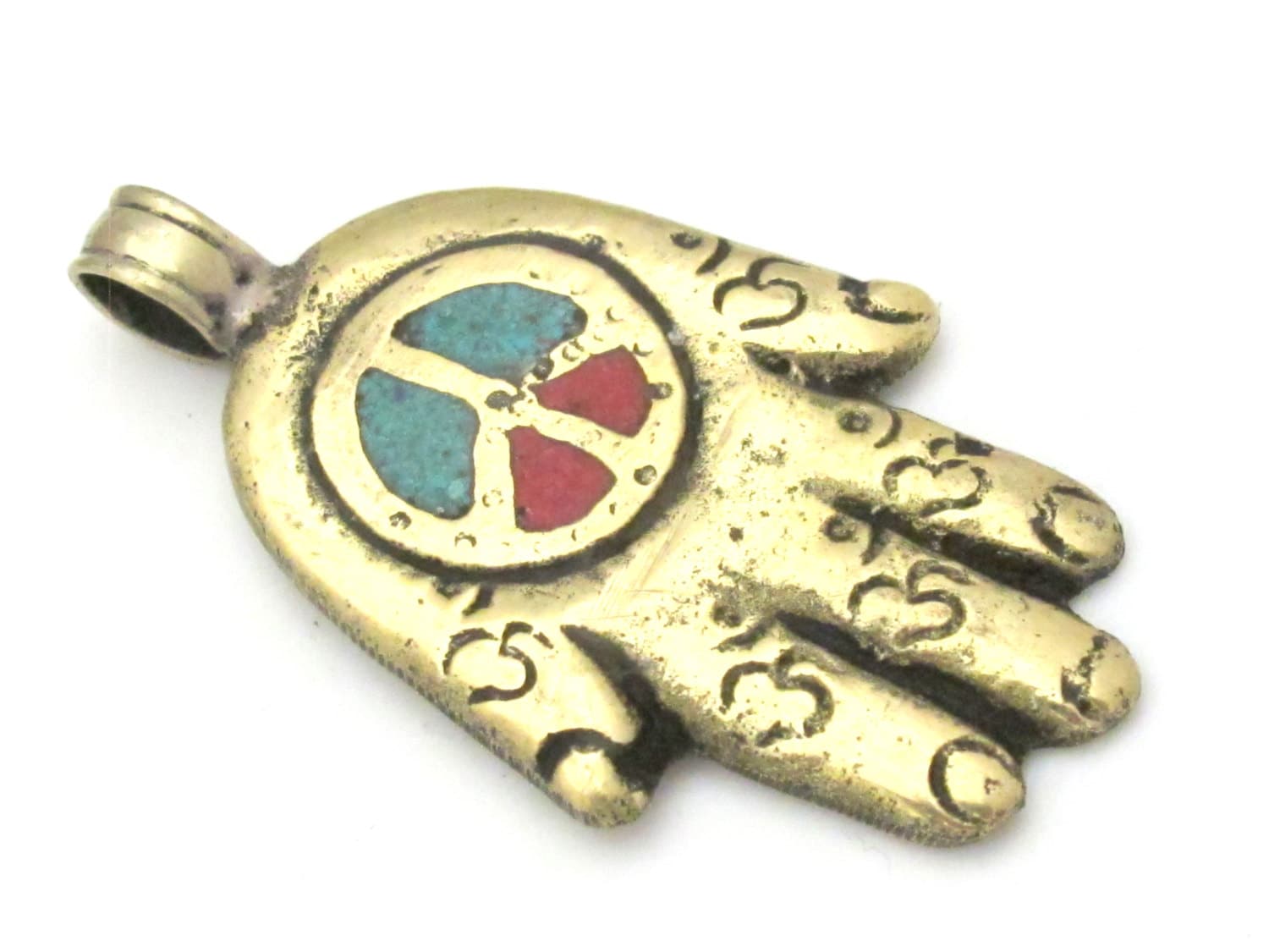 Reversible Tibetan silver Buddha hand Om peace symbol pendant with Lotus floral details - PM331A