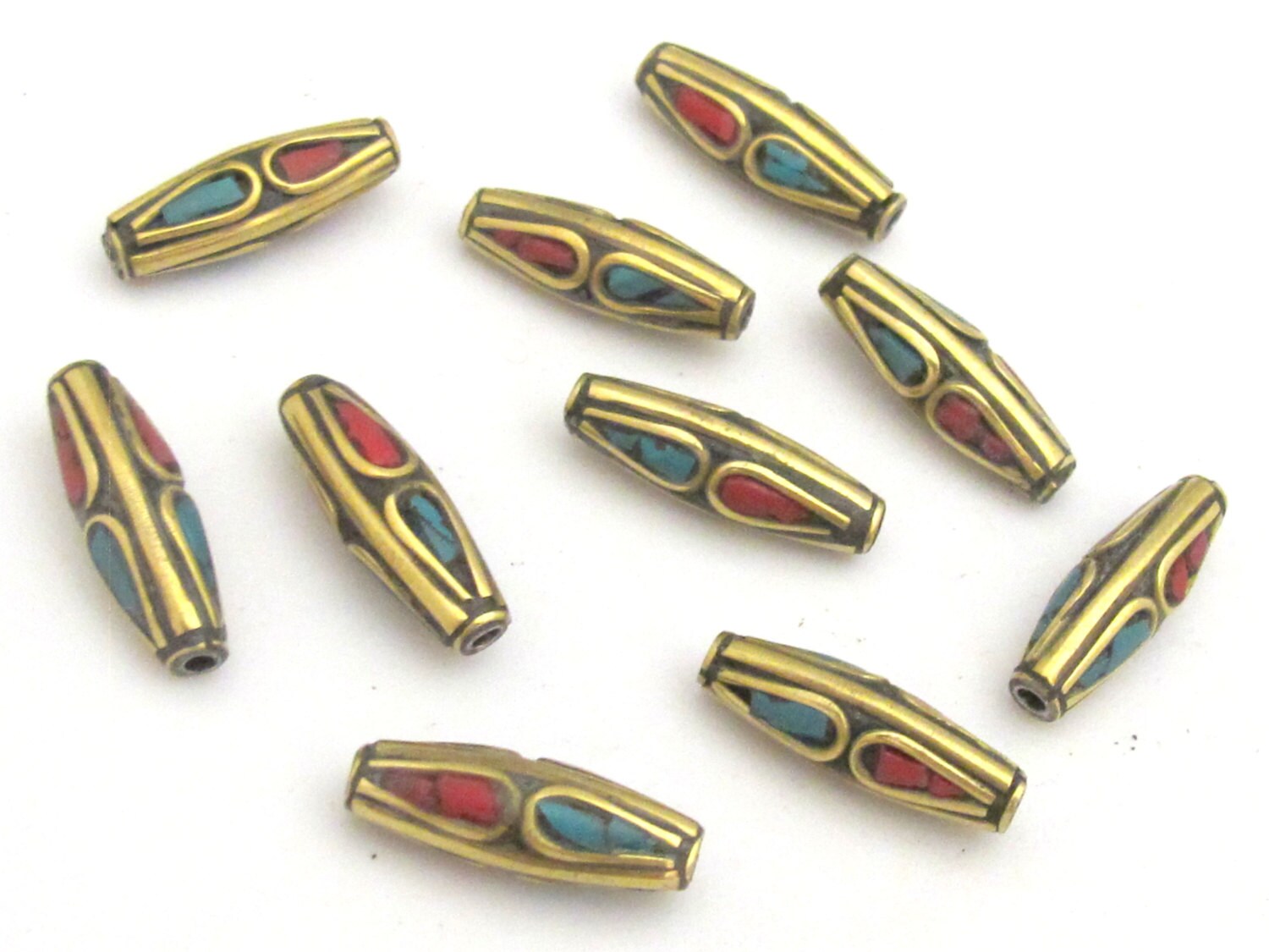 4 Beads - Bicone brass beads from Nepal with turquoise inlay - BD718