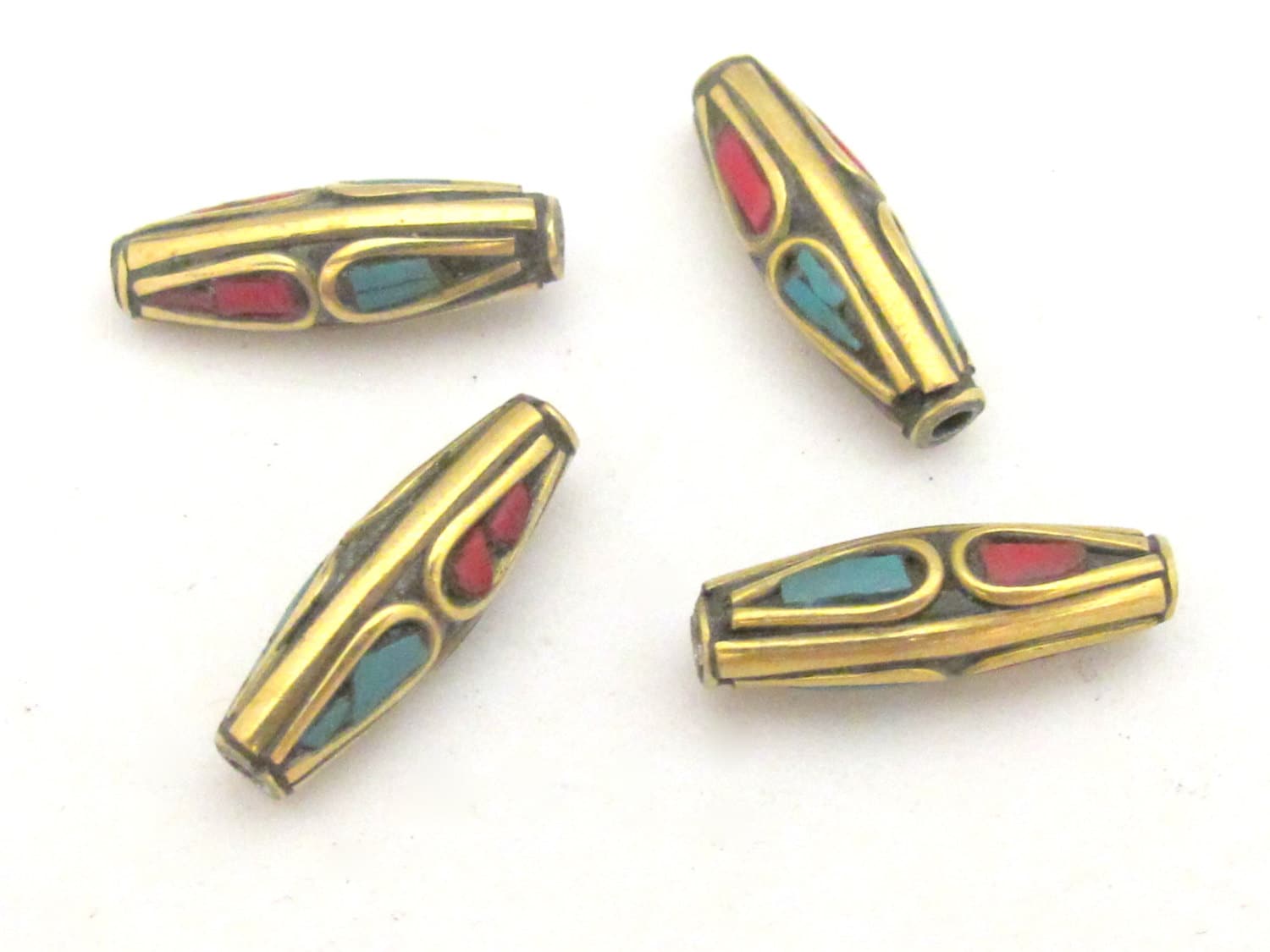 4 Beads - Bicone brass beads from Nepal with turquoise inlay - BD718