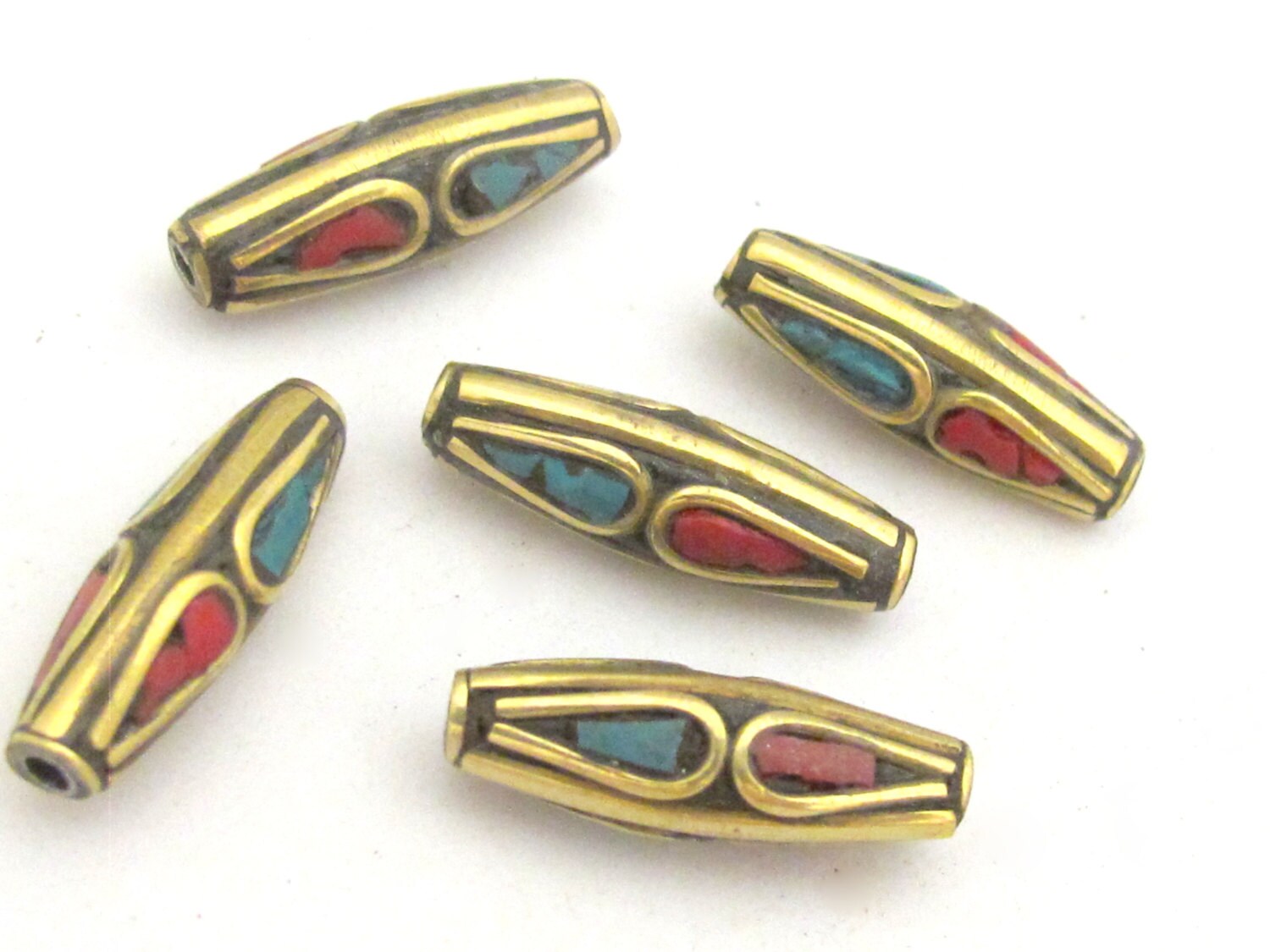 4 Beads - Bicone brass beads from Nepal with turquoise inlay - BD718