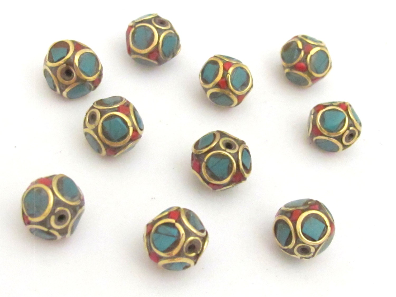 Sale 4 beads - Tibetan brass bead with turquoise circles pattern and coral inlaid - BD719