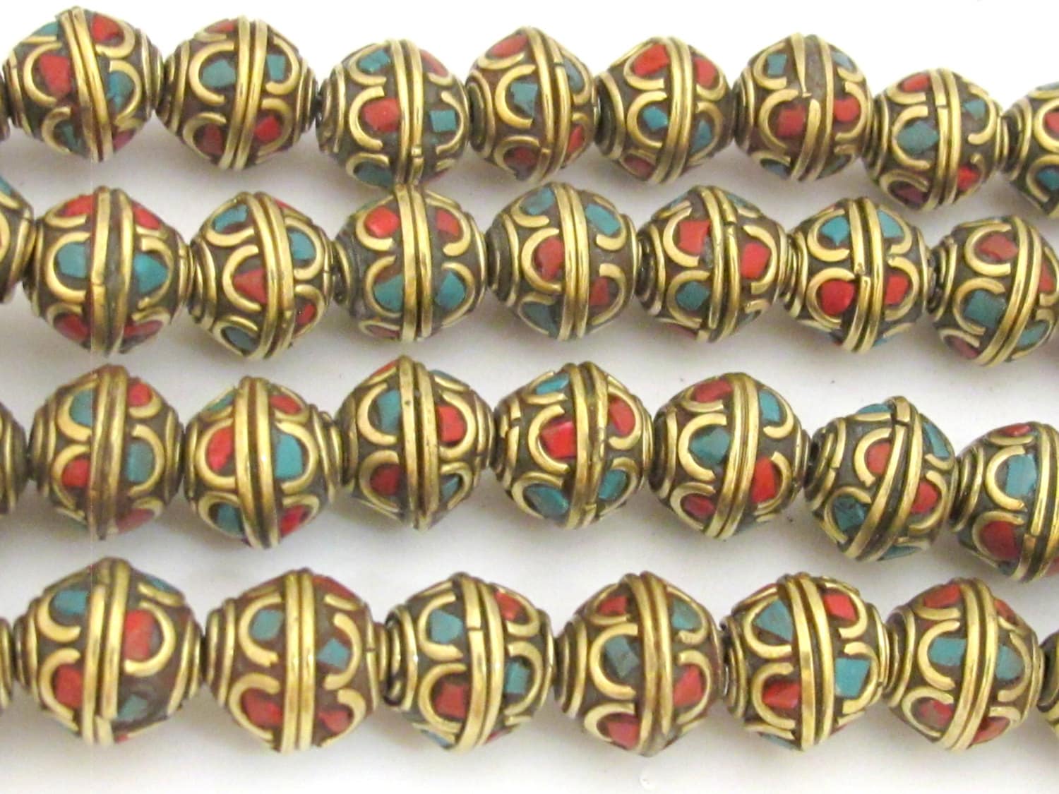 4 beads - Tibetan brass bead with turquoise and coral inlay - BD720