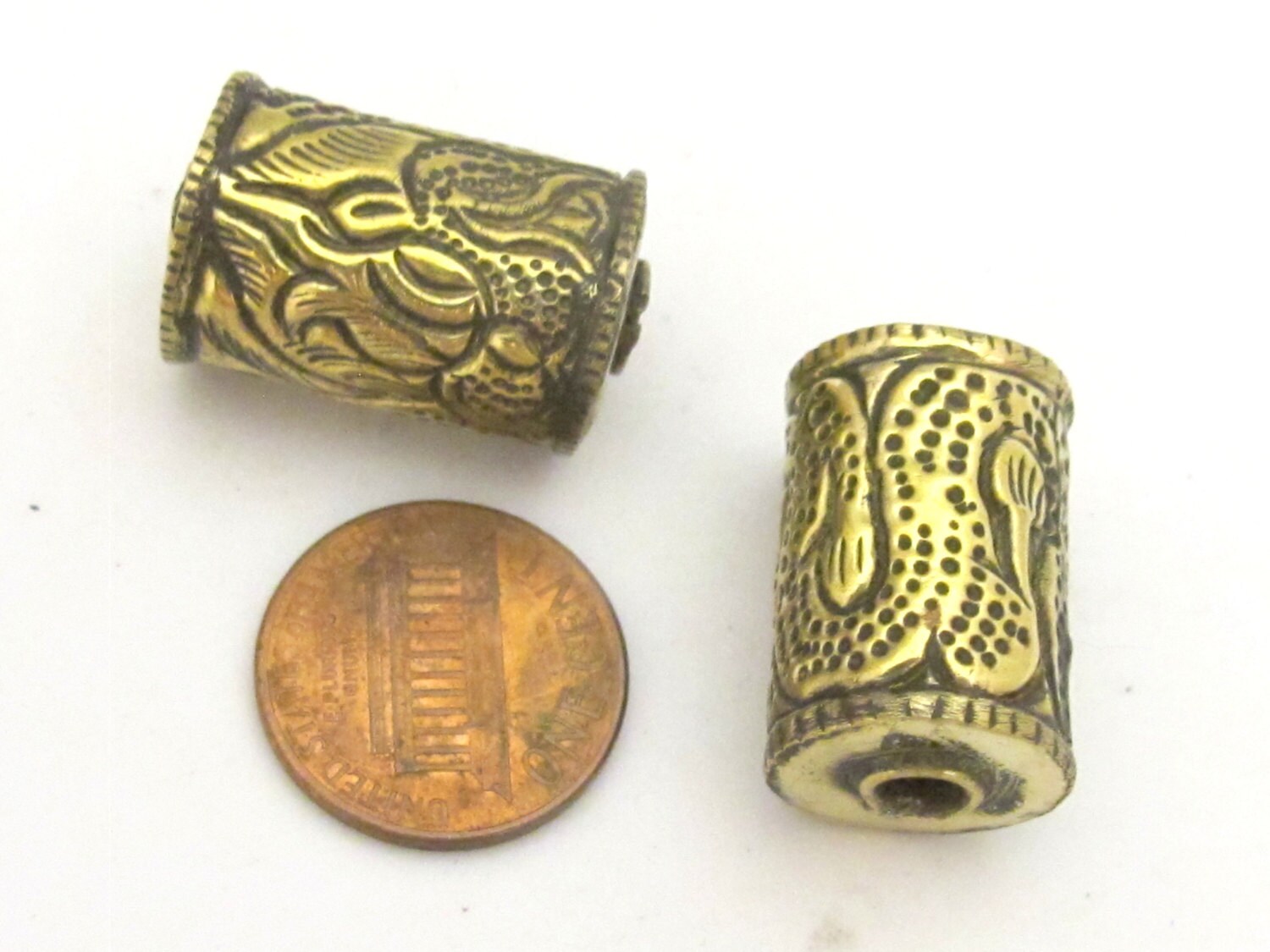 1 BEAD - Tibetan brass bead with long tail dragon repousse design - BD717