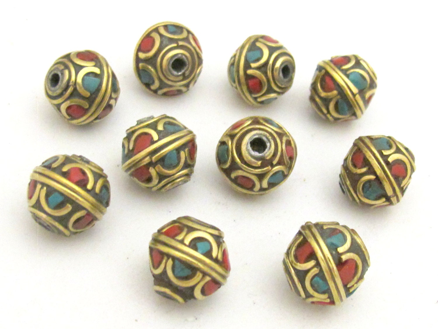 4 beads - Tibetan brass bead with turquoise and coral inlay - BD720
