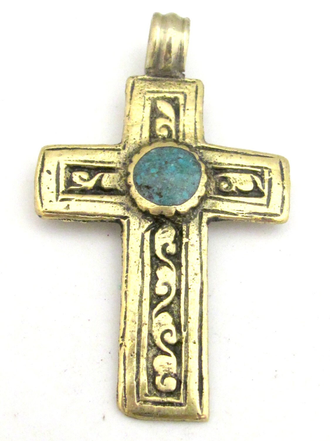 1 Pendant - Tibetan brass repousse cross pendant reversible with floral design and turquoise inlay- PM352C Copyright Nepalbeadshop
