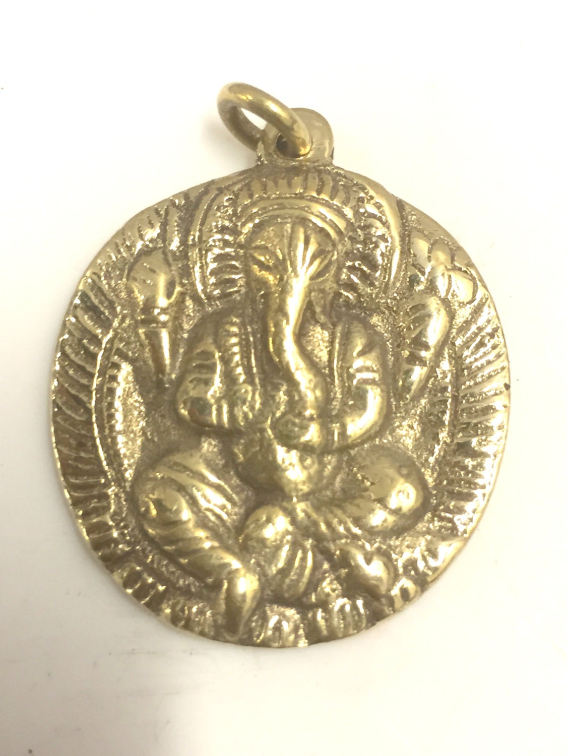 1 Pendant - Shree Ganesha brass pendant with reverse side inscribed prayer shree ganeshay namah - CP095 - Copyright Nepalbeadshop