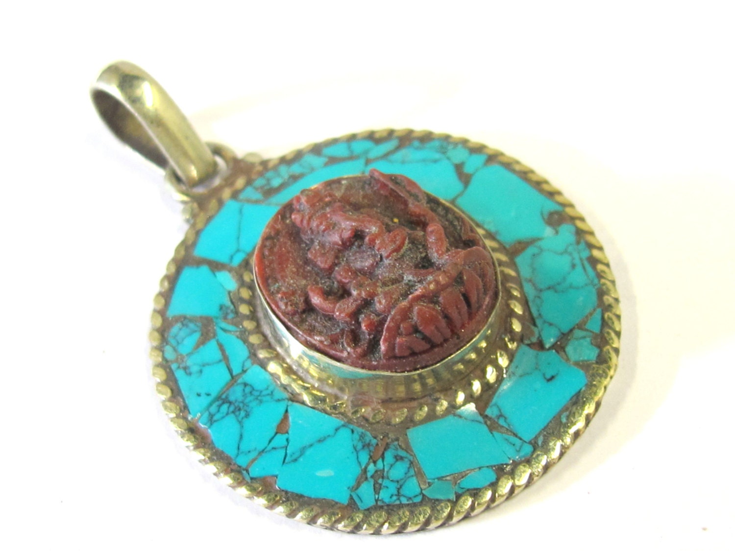 1 pendant - Oval shape red Ganesha pendant with turquoise inlay- PS007E