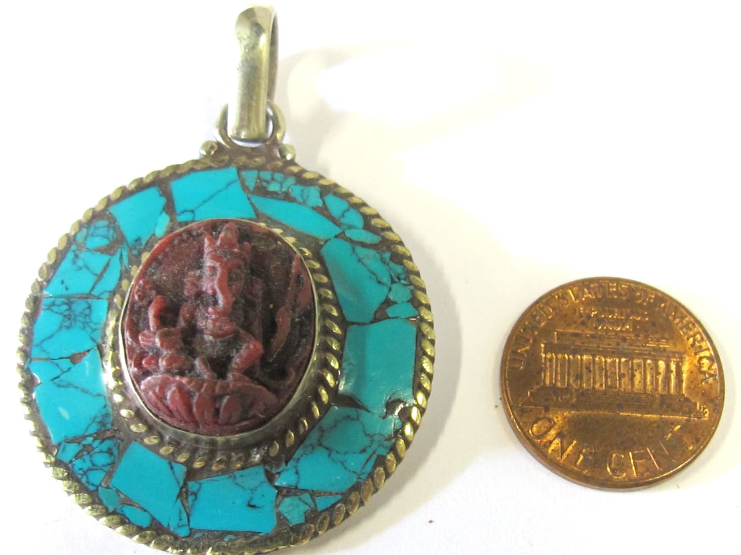 1 pendant - Oval shape red Ganesha pendant with turquoise inlay- PS007E