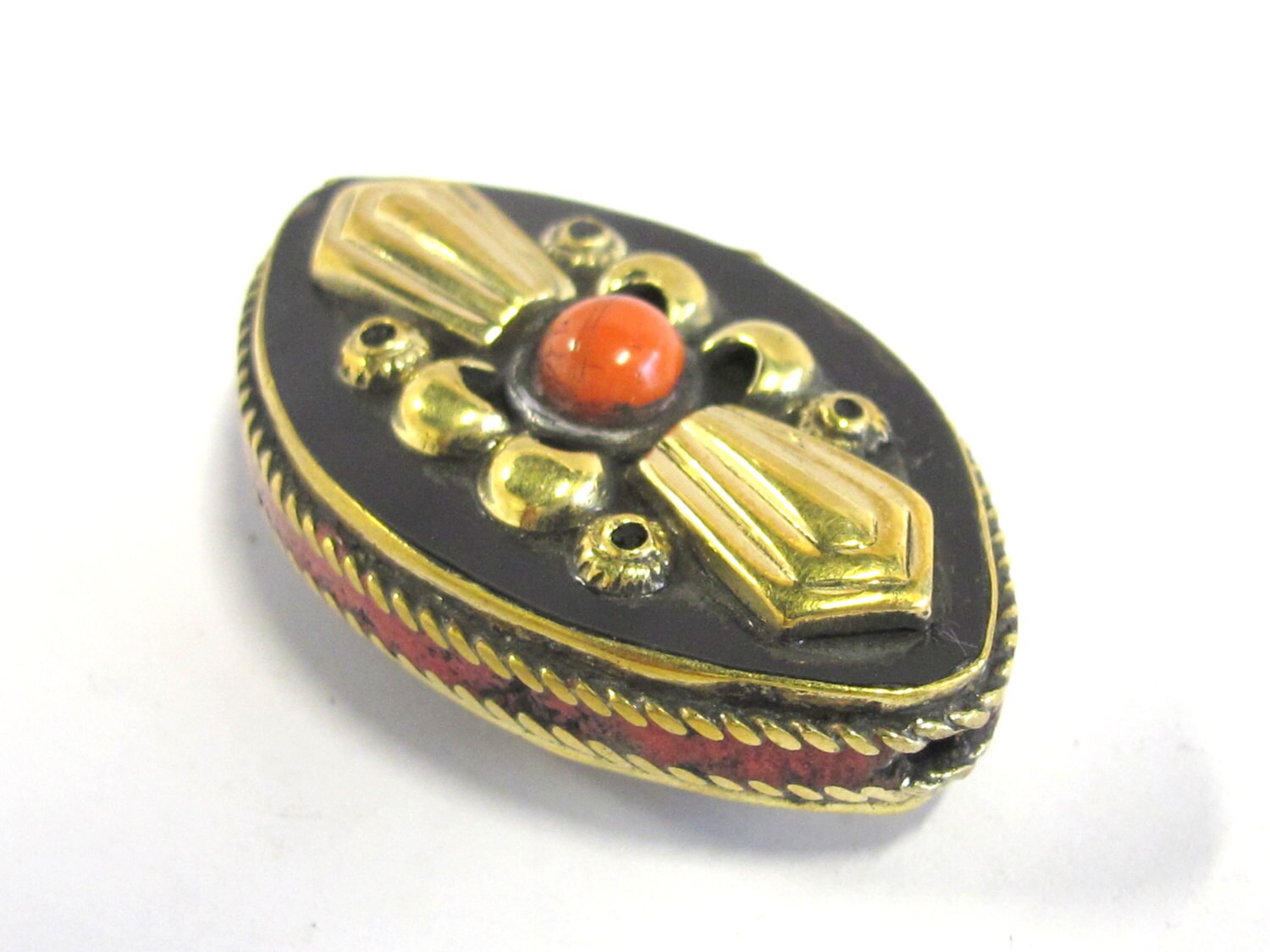 1 Bead - Reversible Tibetan brass inlaid floral design bead with coral inlay - BD823B
