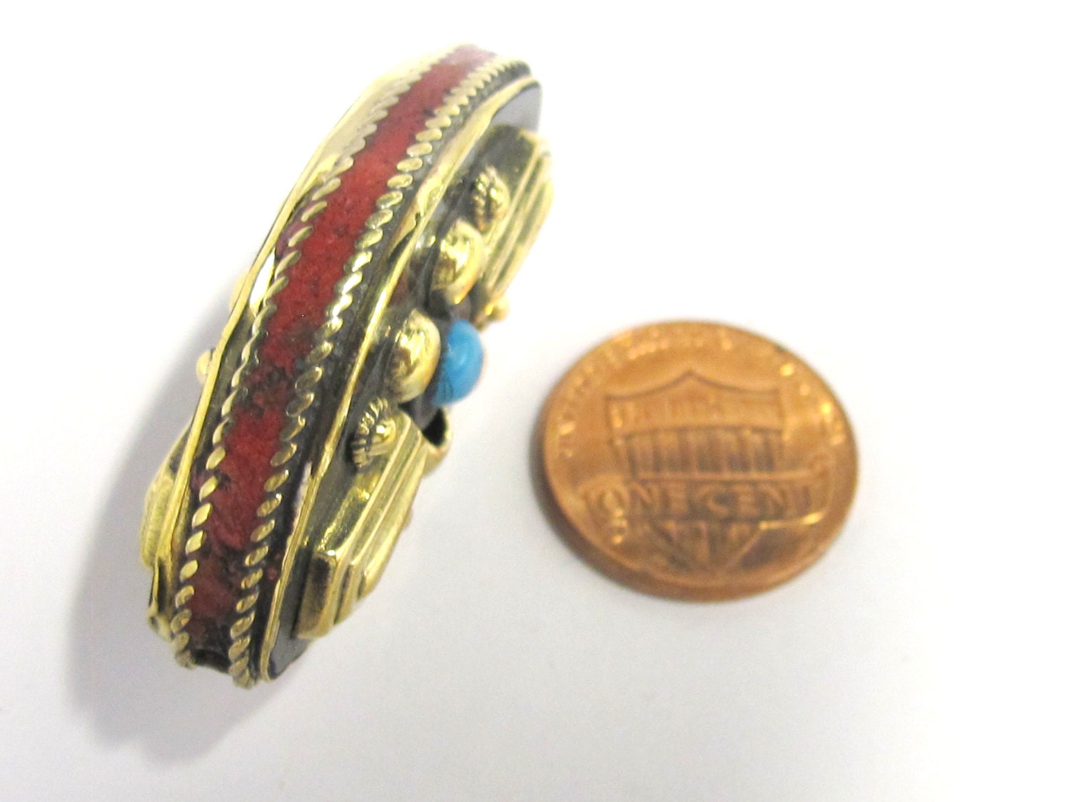 1 Bead - Reversible Tibetan brass inlaid floral design bead with coral inlay - BD823B