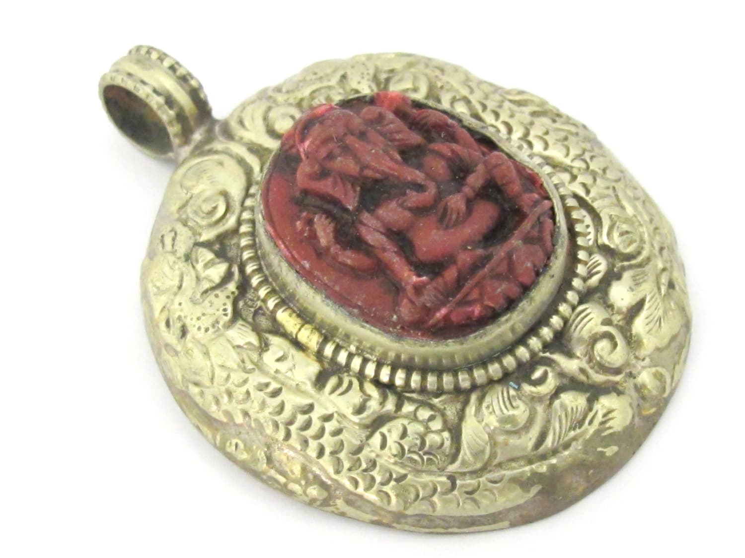 Tibetan silver Red Ganesha pendant with double dragon on side and floral carving on reverse - PM272G