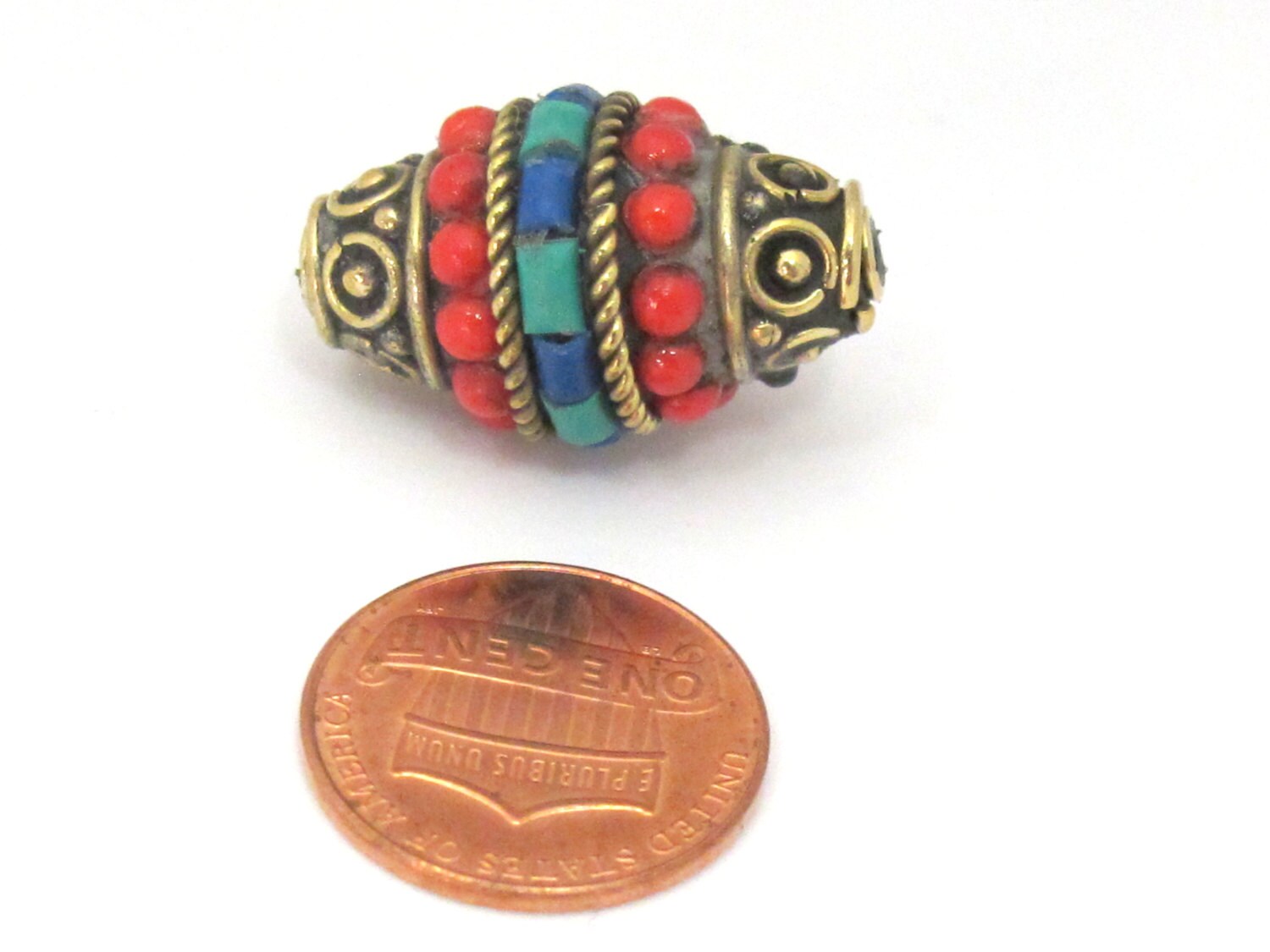 1 bead - Bicone shape Tibetan brass bead with turquoise coral inlays - BD865