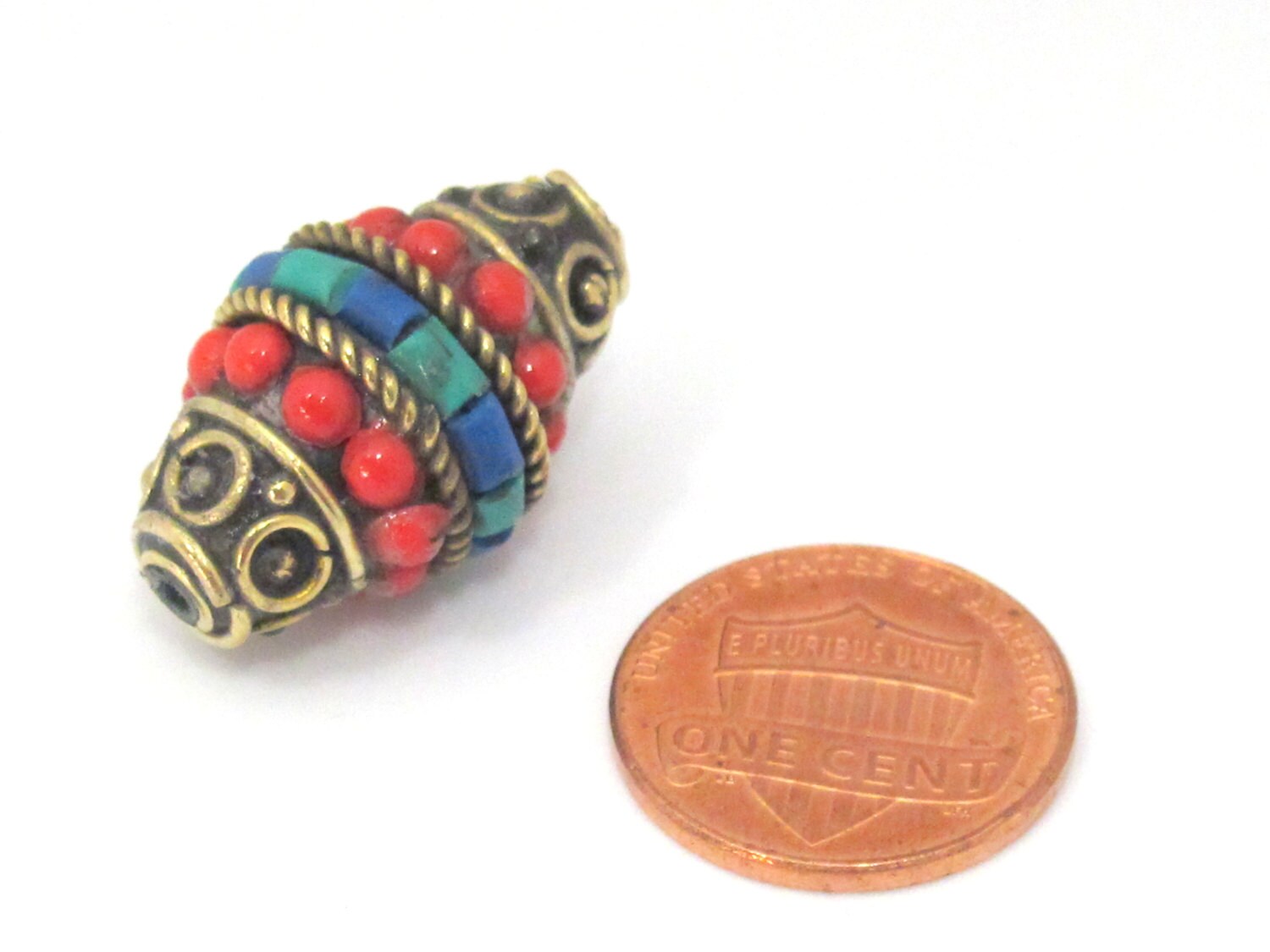 1 bead - Bicone shape Tibetan brass bead with turquoise coral inlays - BD865