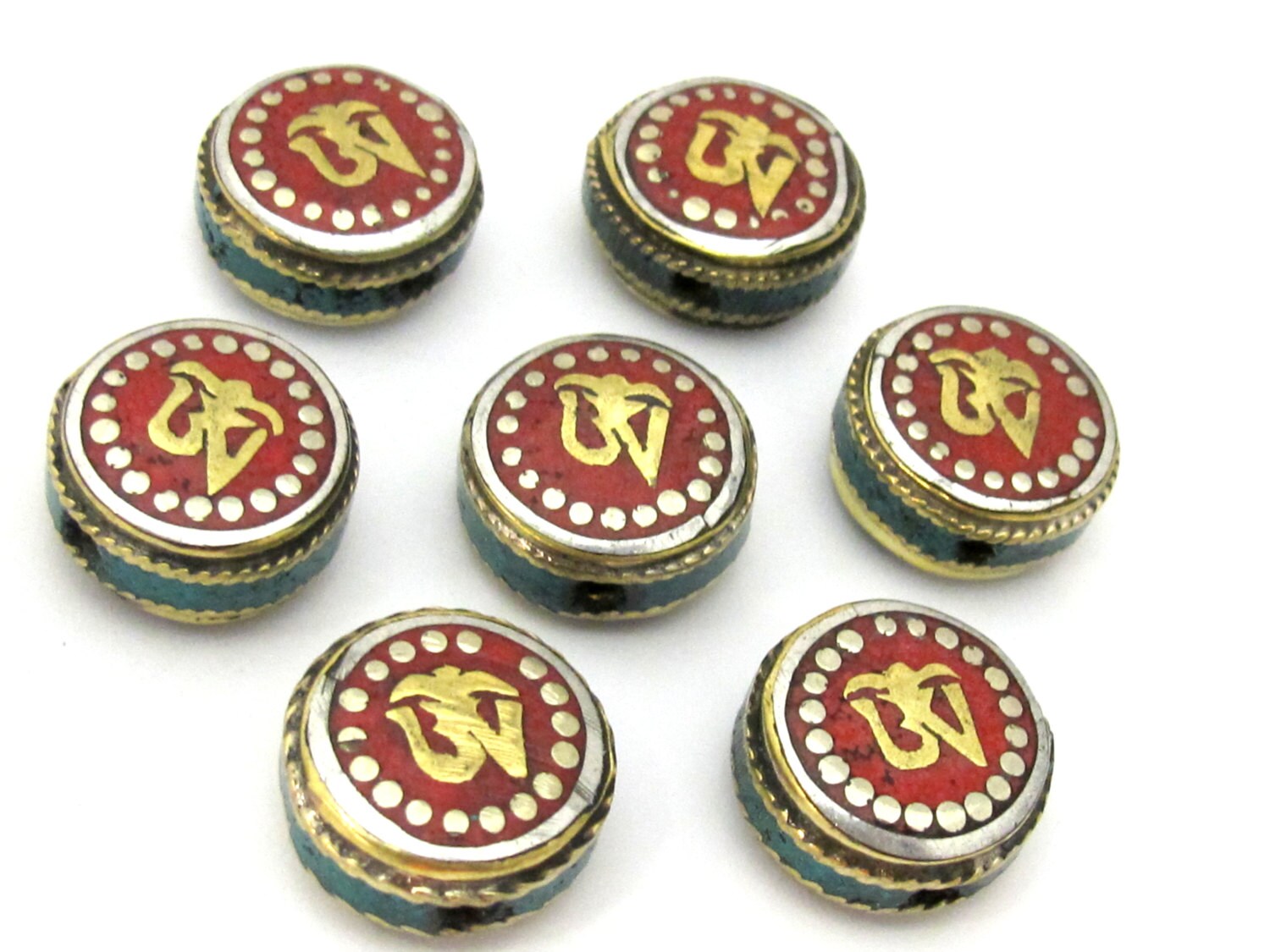1 BEAD - Tibetan Om inscribed reversible brass bead with and turquoise inlay - BD891