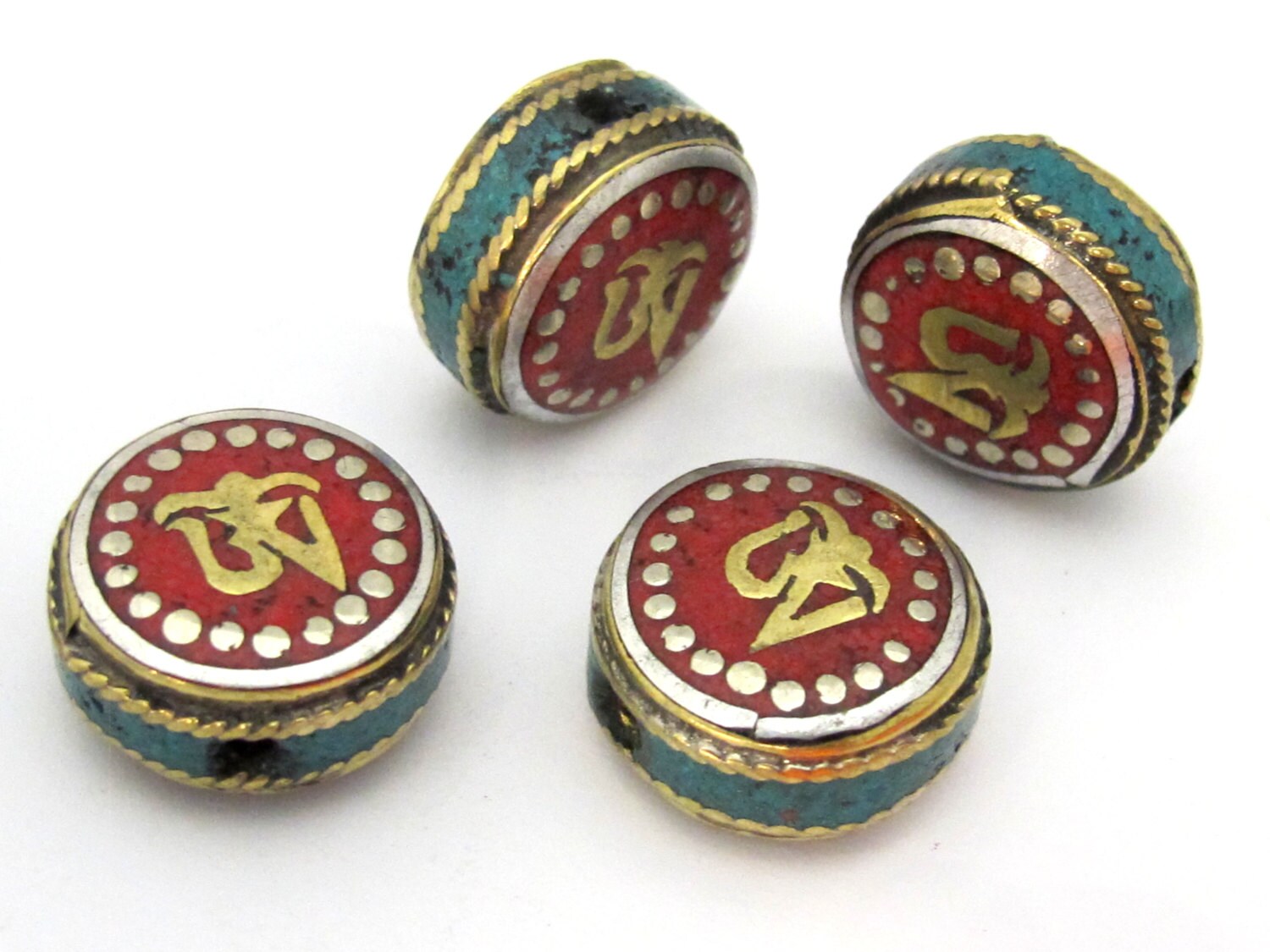 1 BEAD - Tibetan Om inscribed reversible brass bead with and turquoise inlay - BD891