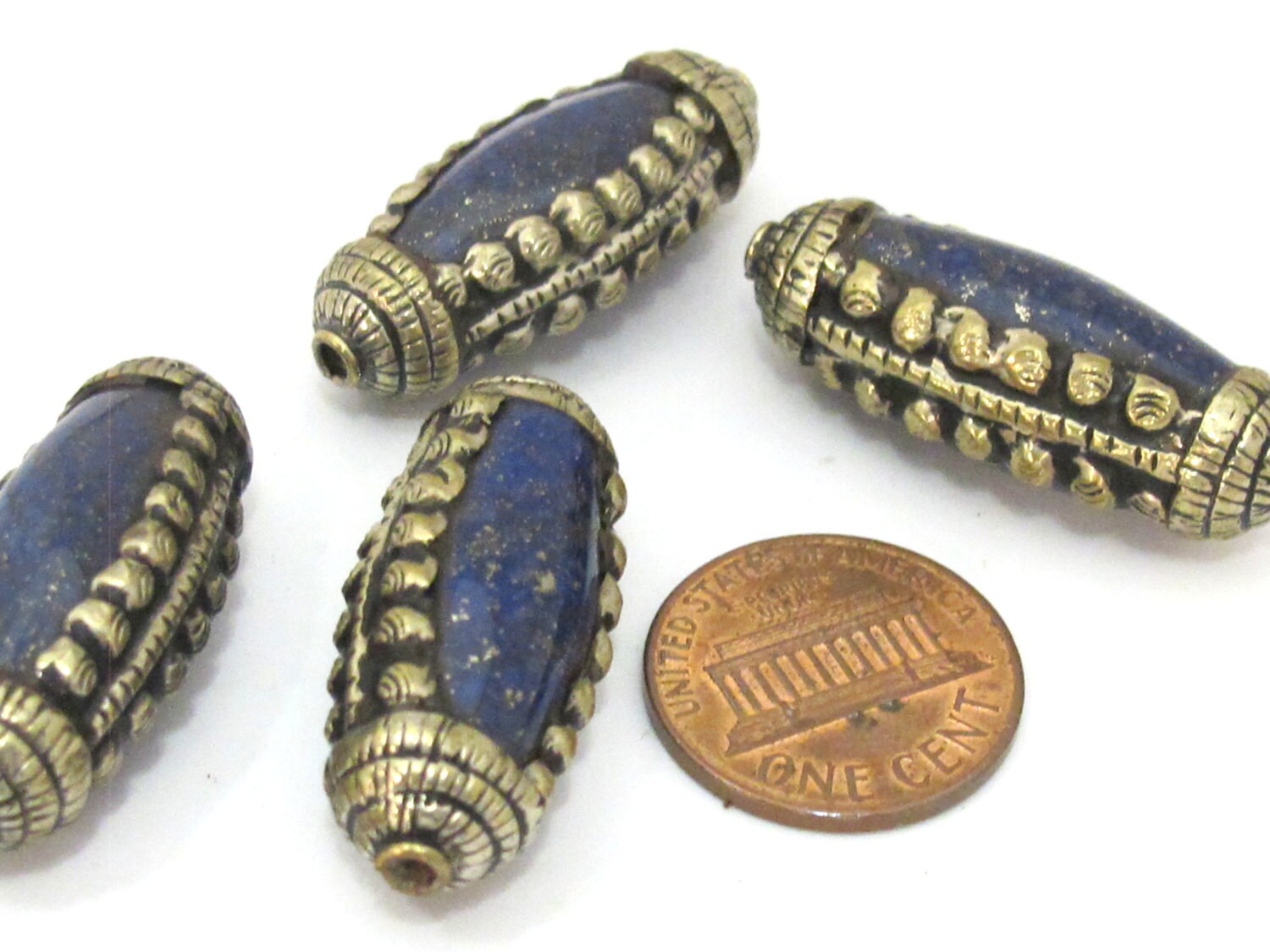 1 Bead- Tibetan silver encased long lapis lazuli gemstone bead from Nepal - BD895
