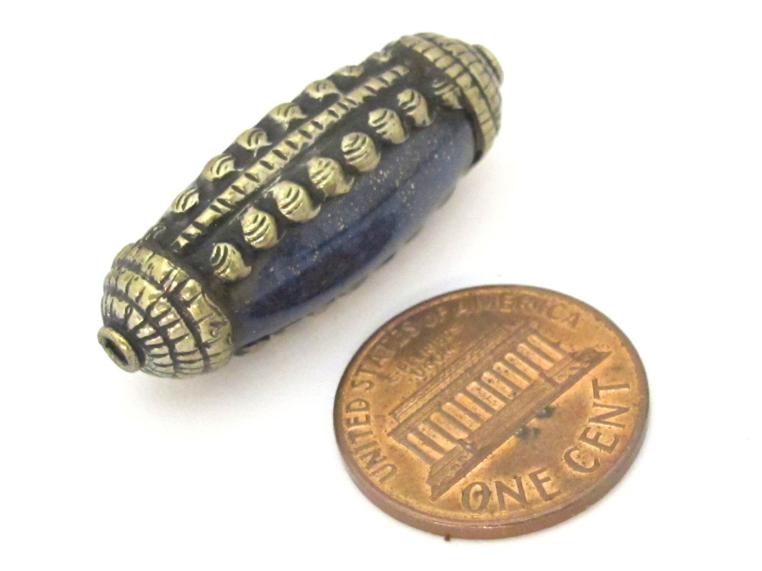 1 Bead- Tibetan silver encased long lapis lazuli gemstone bead from Nepal - BD895