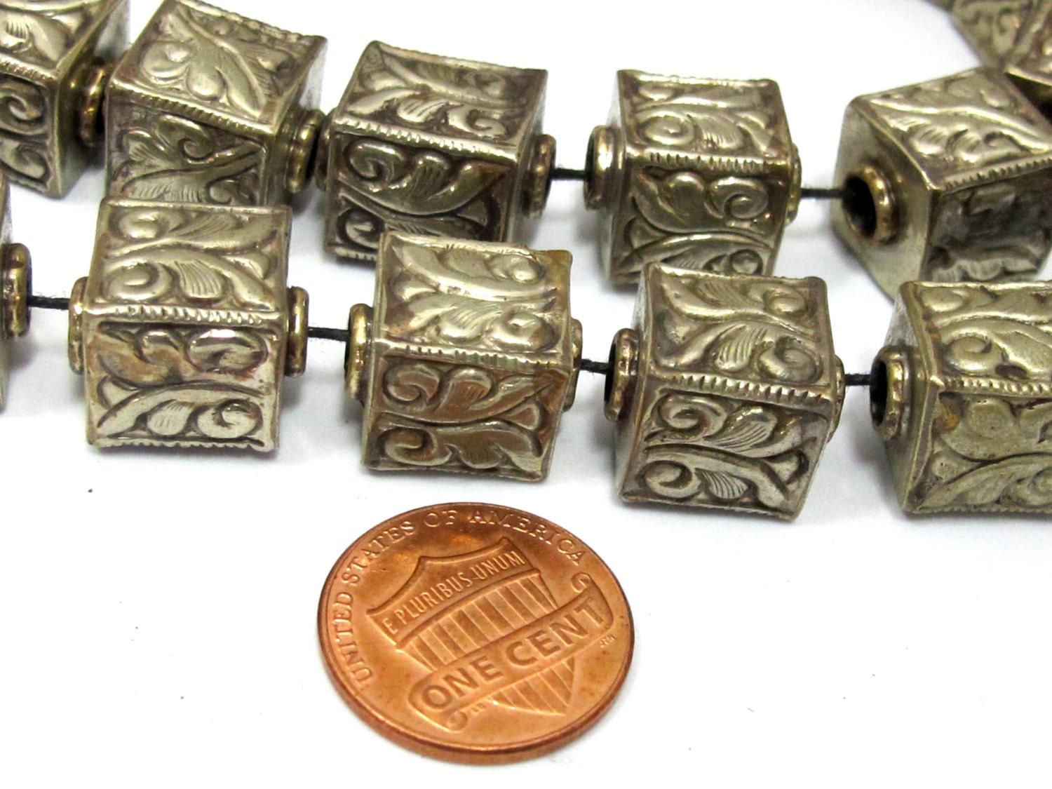 1 BEAD - Tibetan silver repousse floral leaf carving cube shape bead - BD901A
