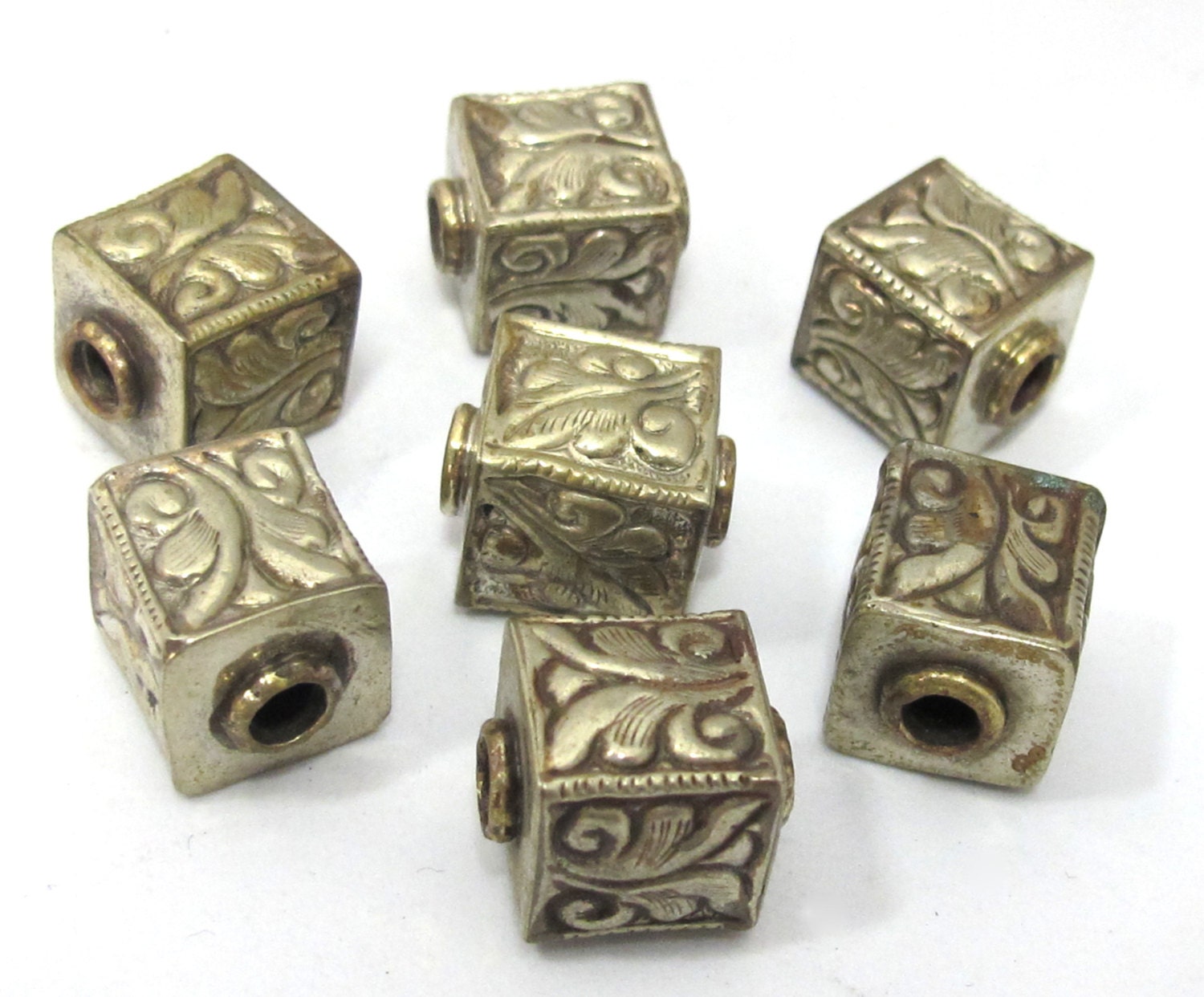 1 BEAD - Tibetan silver repousse floral leaf carving cube shape bead - BD901A