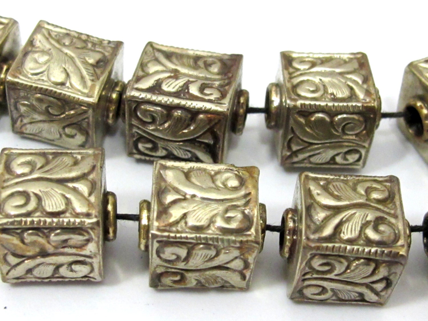 1 BEAD - Tibetan silver repousse floral leaf carving cube shape bead - BD901A