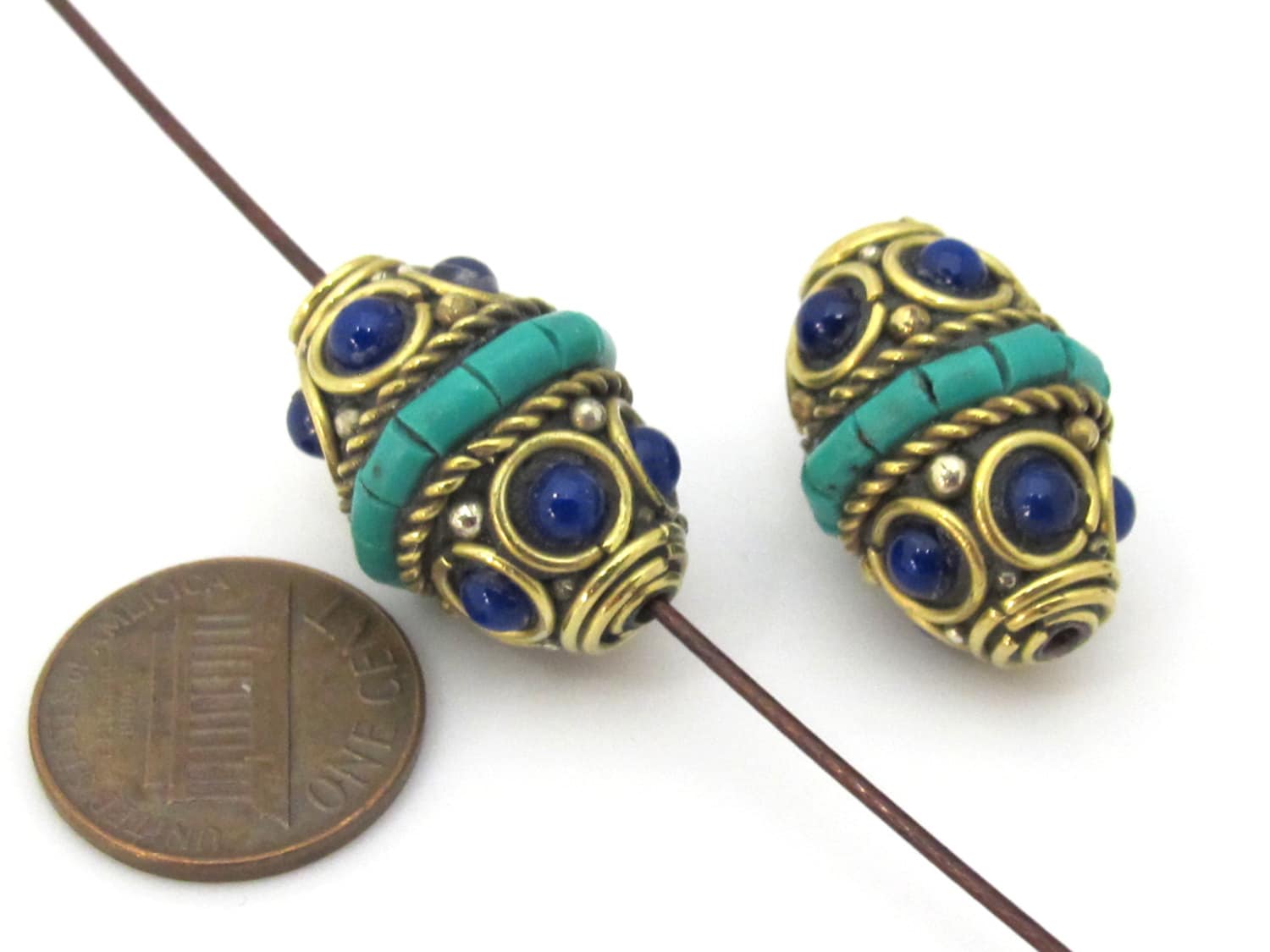 1 Bead - Nepalese bead supplies - Brass bead bicone shape with turquoise inlay & blue resin inlay - BD905