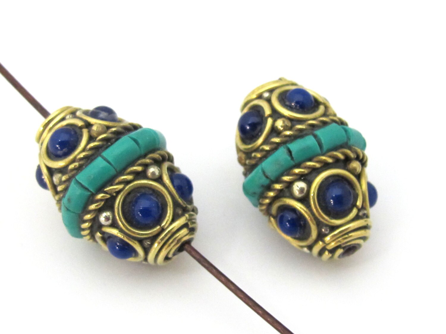 1 Bead - Nepalese bead supplies - Brass bead bicone shape with turquoise inlay & blue resin inlay - BD905