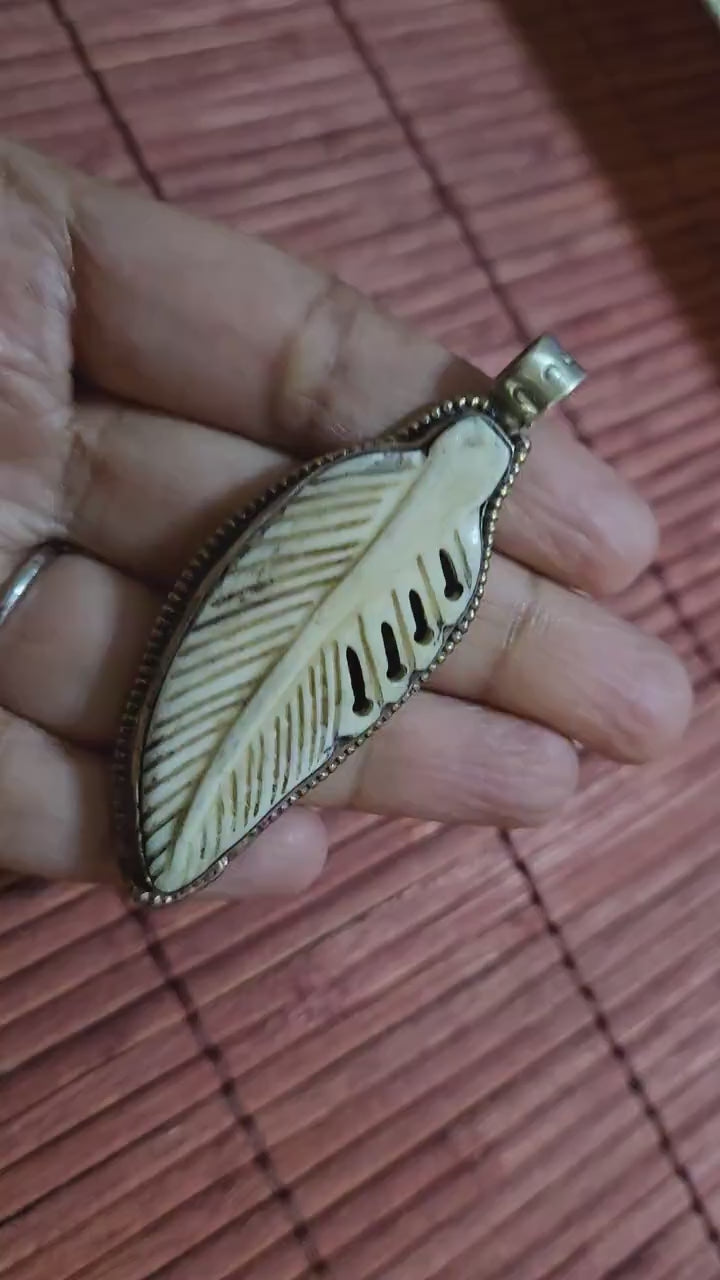Lucky Feather recycled cattle bone carving pendant | Floral Back Design | Rustic Boho spiritual tribal amulet from Nepal - PM004E