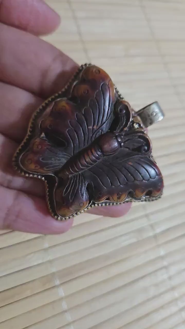 Butterfly Pendant carved recycled cattle Bone | Lotus Filigree Back |  Tribal Jewelry Nepal | Spiritual Nature Symbol  PM004H