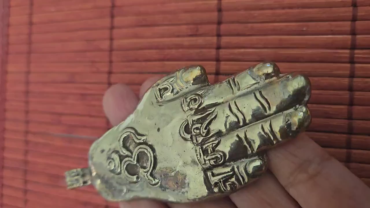 OOAK - Large Tibetan antiqued silver finish holy mantra Om namah shivay inscribed hand pendant floral carving reverse side from Nepal PM339G