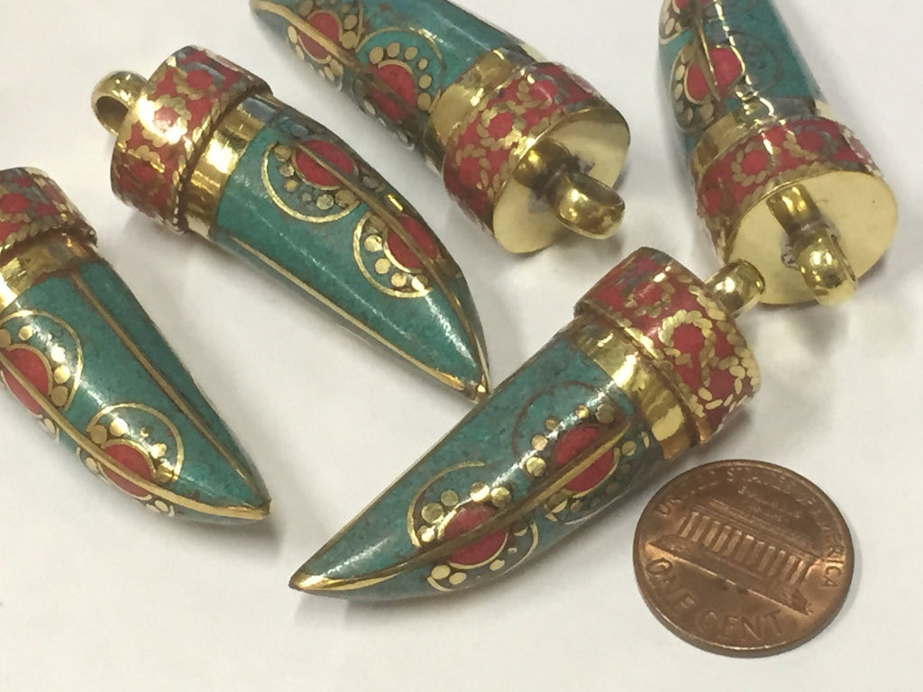 1 Pendant - Tibetan pendants nepal horn shape pendant Tibetan tusk brass pendant with turquoise coral inlay dotted sun design - PM405K