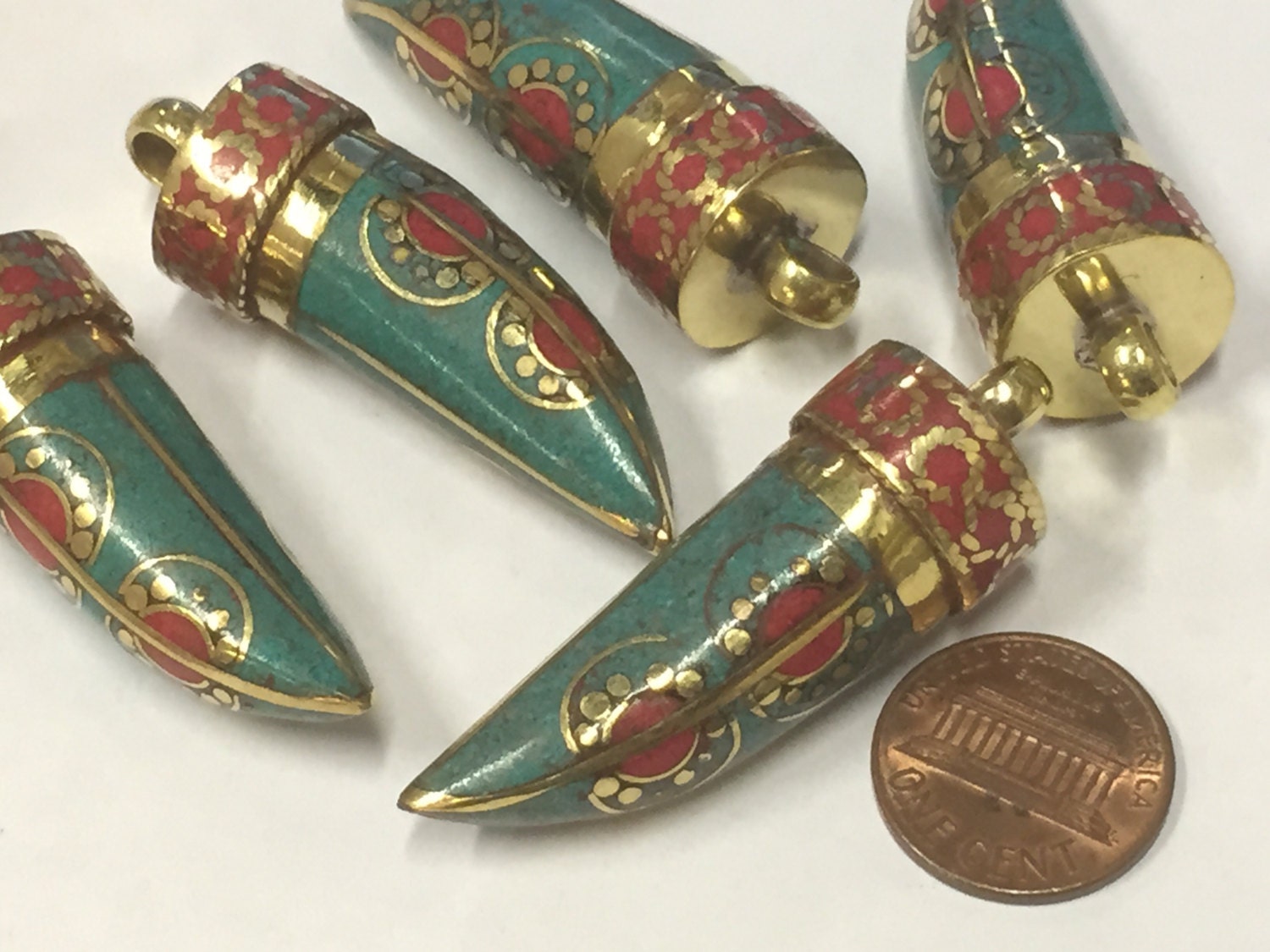 1 Pendant - Tibetan pendants nepal horn shape pendant Tibetan tusk brass pendant with turquoise coral inlay dotted sun design - PM405K